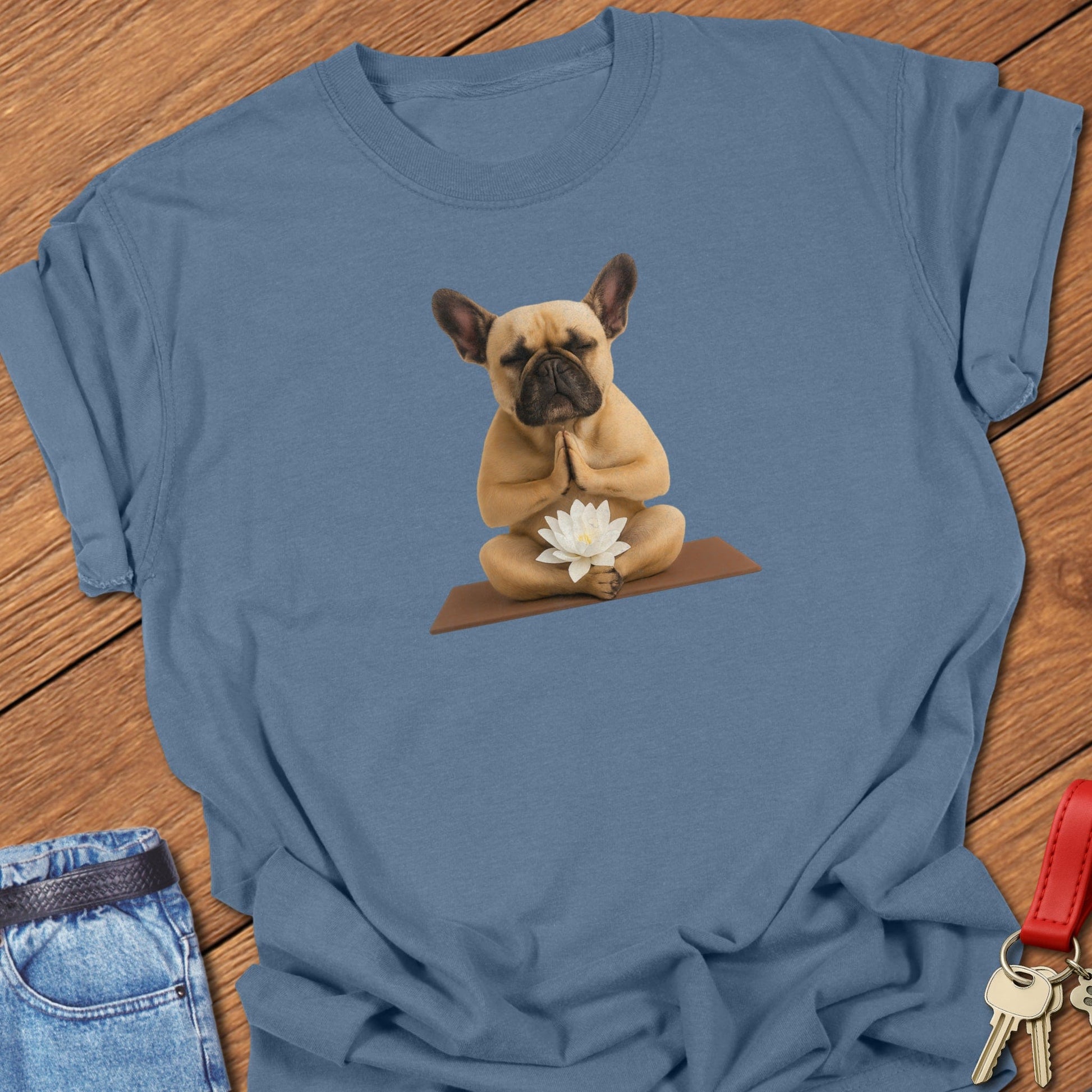 French bulldog yoga illustration printed on blue jean Comfort Colors t shirt