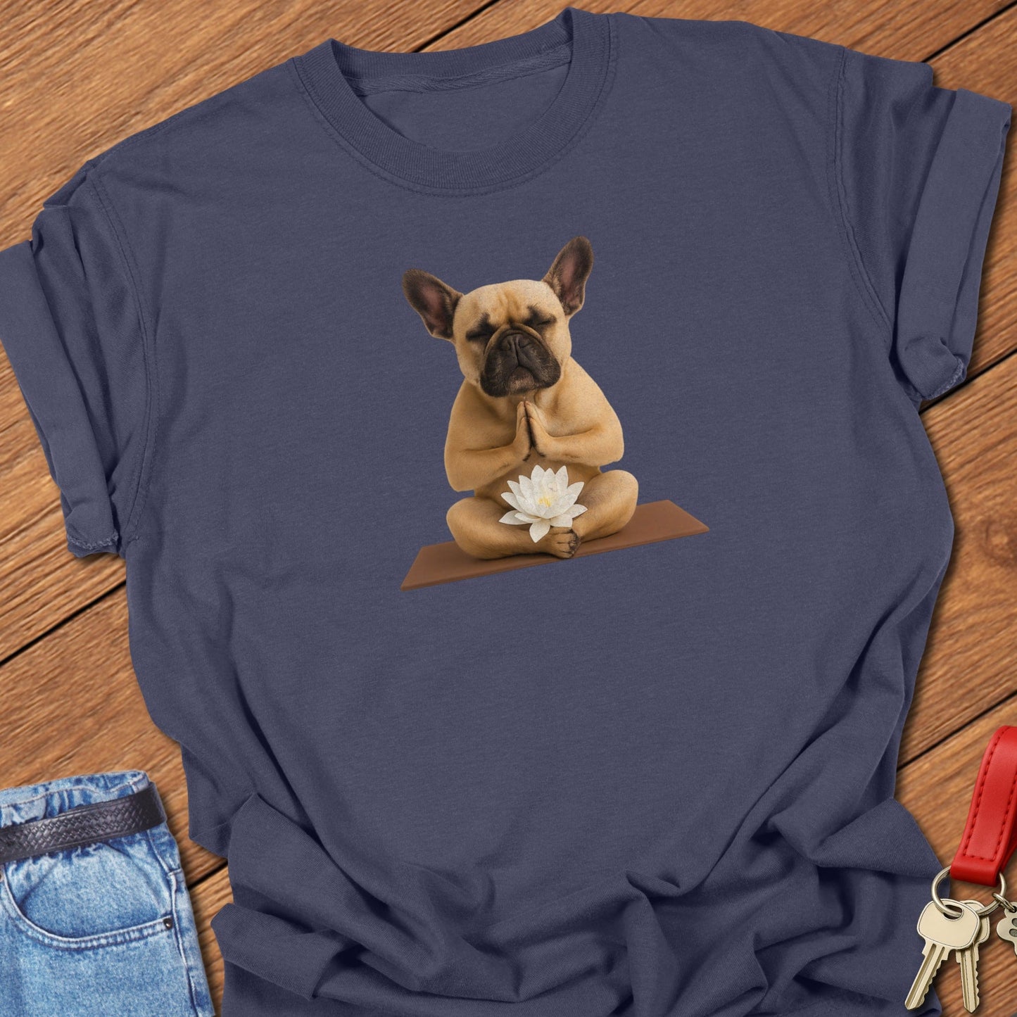 French bulldog yoga illustration printed on navy Comfort Colors t shirt