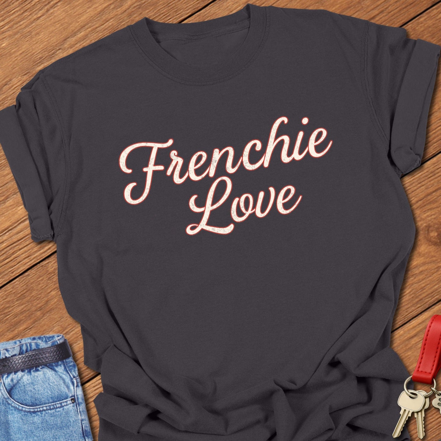 French bulldog script typography “Frenchie Love” text design printed on graphite Comfort Colors t shirt
