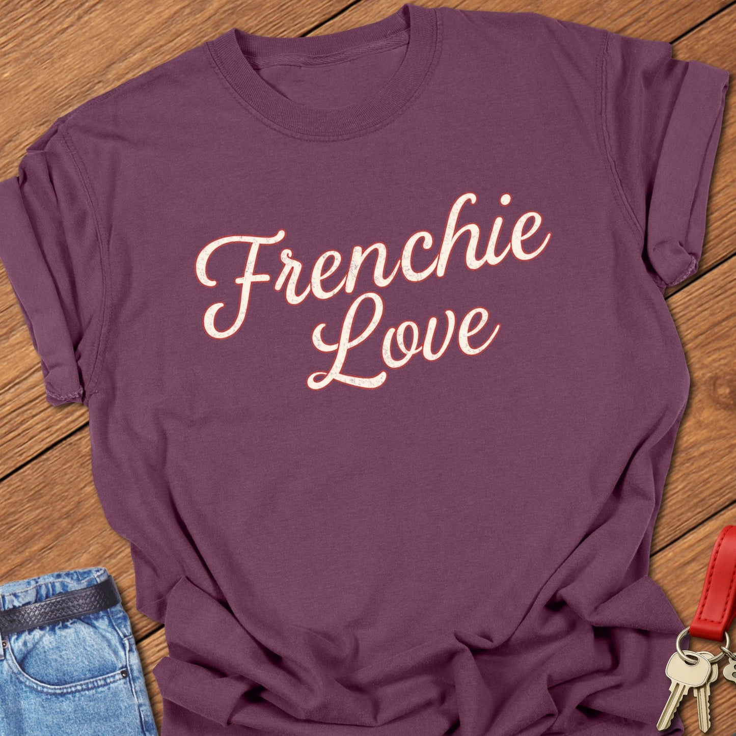 French bulldog script typography “Frenchie Love” text design printed on berry Comfort Colors t shirt