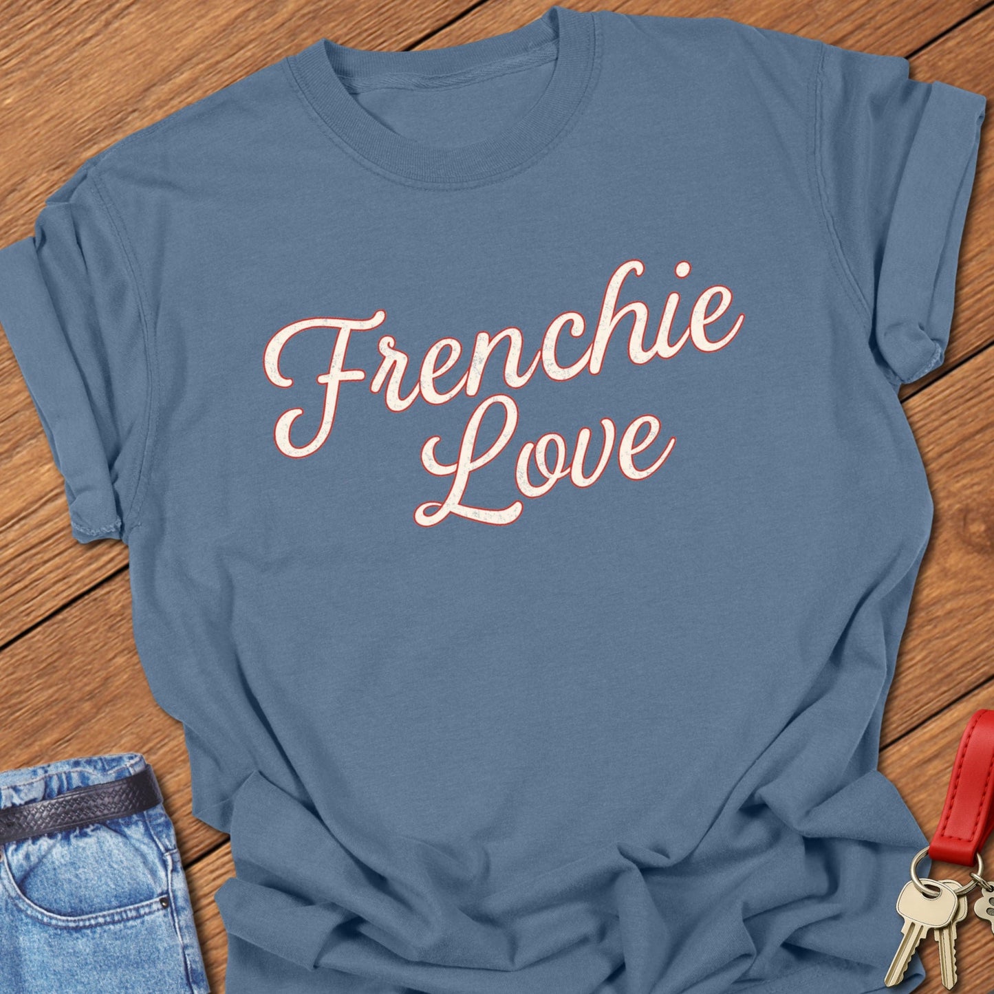 French bulldog script typography “Frenchie Love” text design printed on blue jean Comfort Colors t shirt
