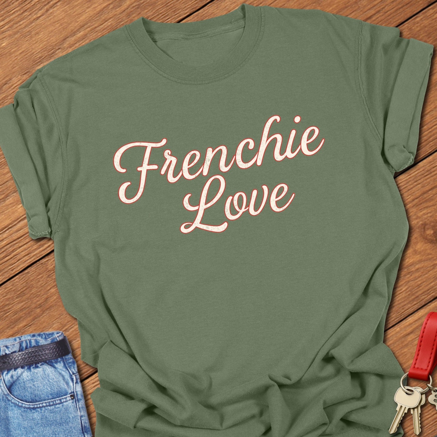 French bulldog script typography “Frenchie Love” text design printed on moss Comfort Colors t shirt
