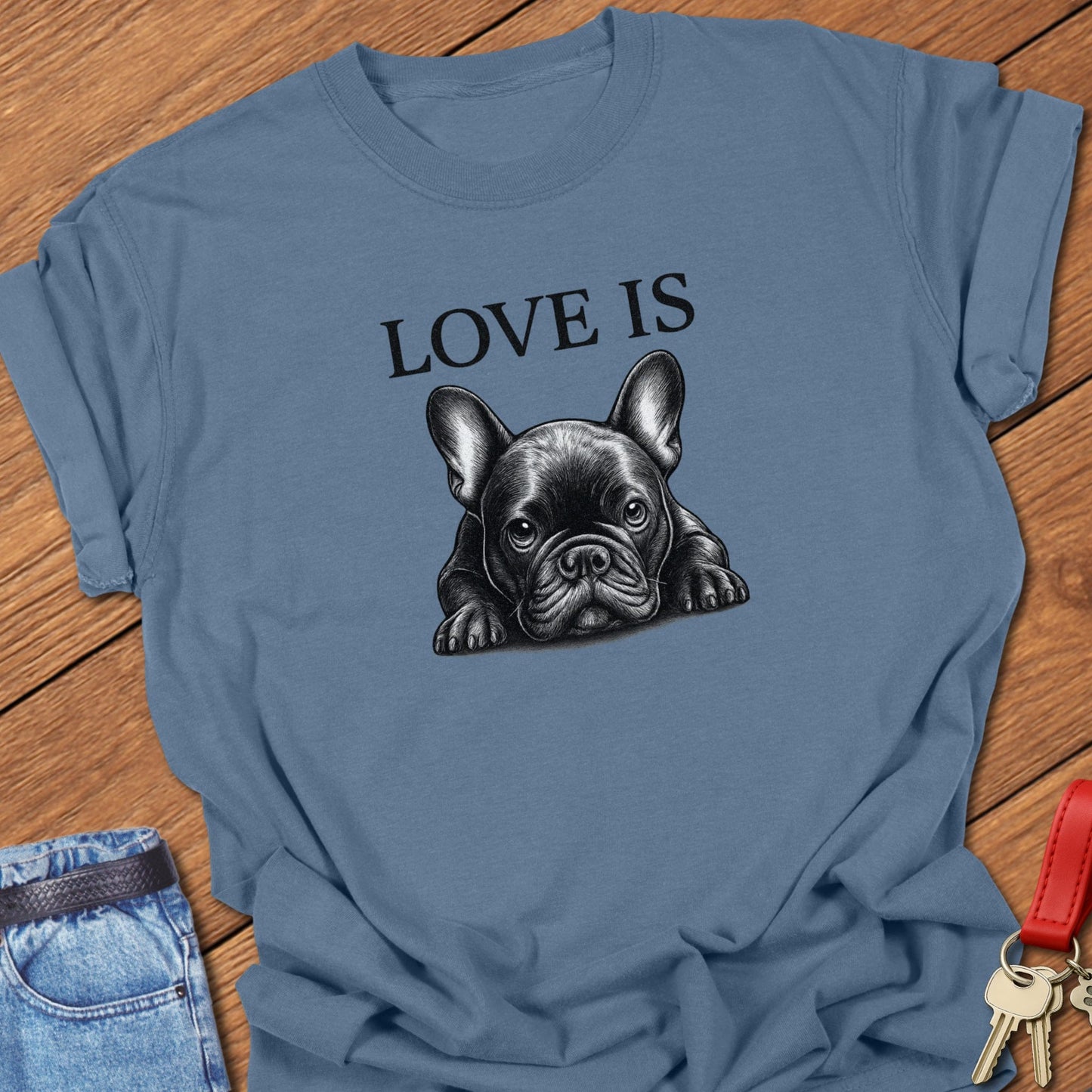 French bulldog peeking portrait design printed on blue jean Comfort Colors t shirt