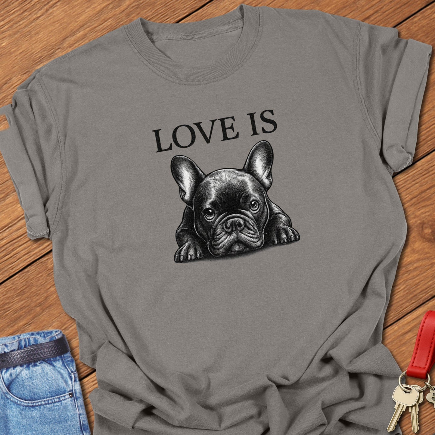 French bulldog peeking portrait design printed on grey Comfort Colors t shirt