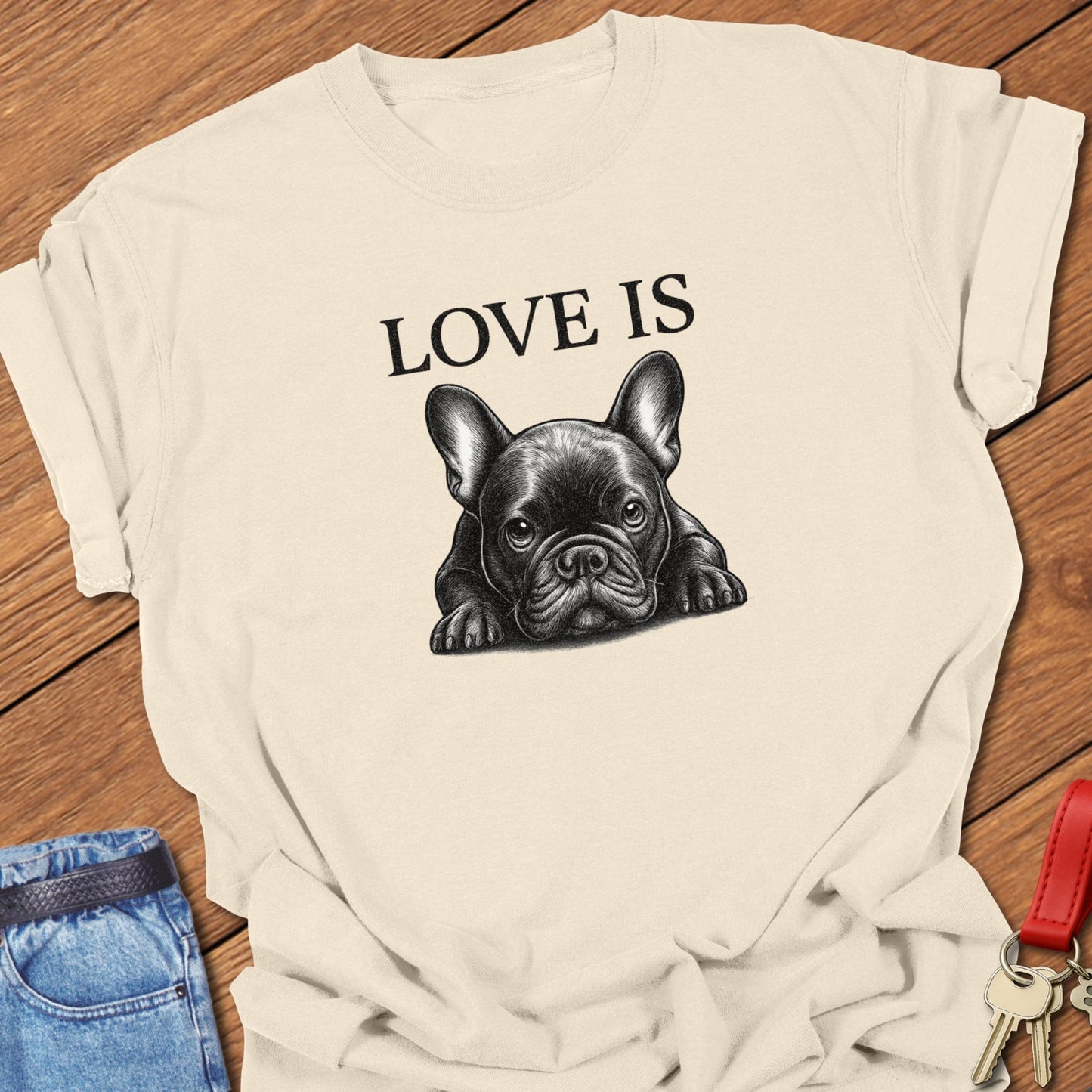French bulldog peeking portrait design printed on ivory Comfort Colors t shirt