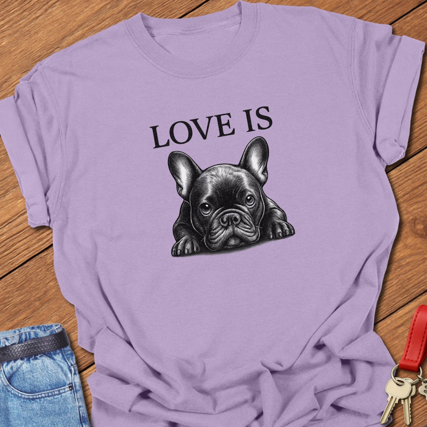 French bulldog peeking portrait design printed on orchid Comfort Colors t shirt