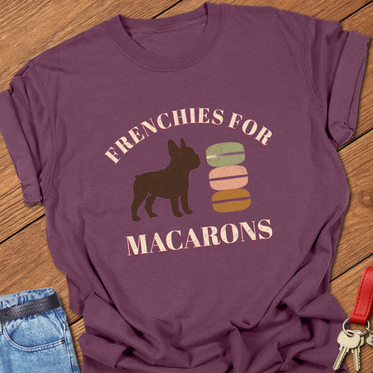 French bulldog French dessert illustration with colorful macaron stack graphic and bold typography printed on berry Comfort Colors t shirt