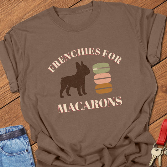 French bulldog French dessert illustration with colorful macaron stack graphic and bold typography printed on granite Comfort Colors t shirt