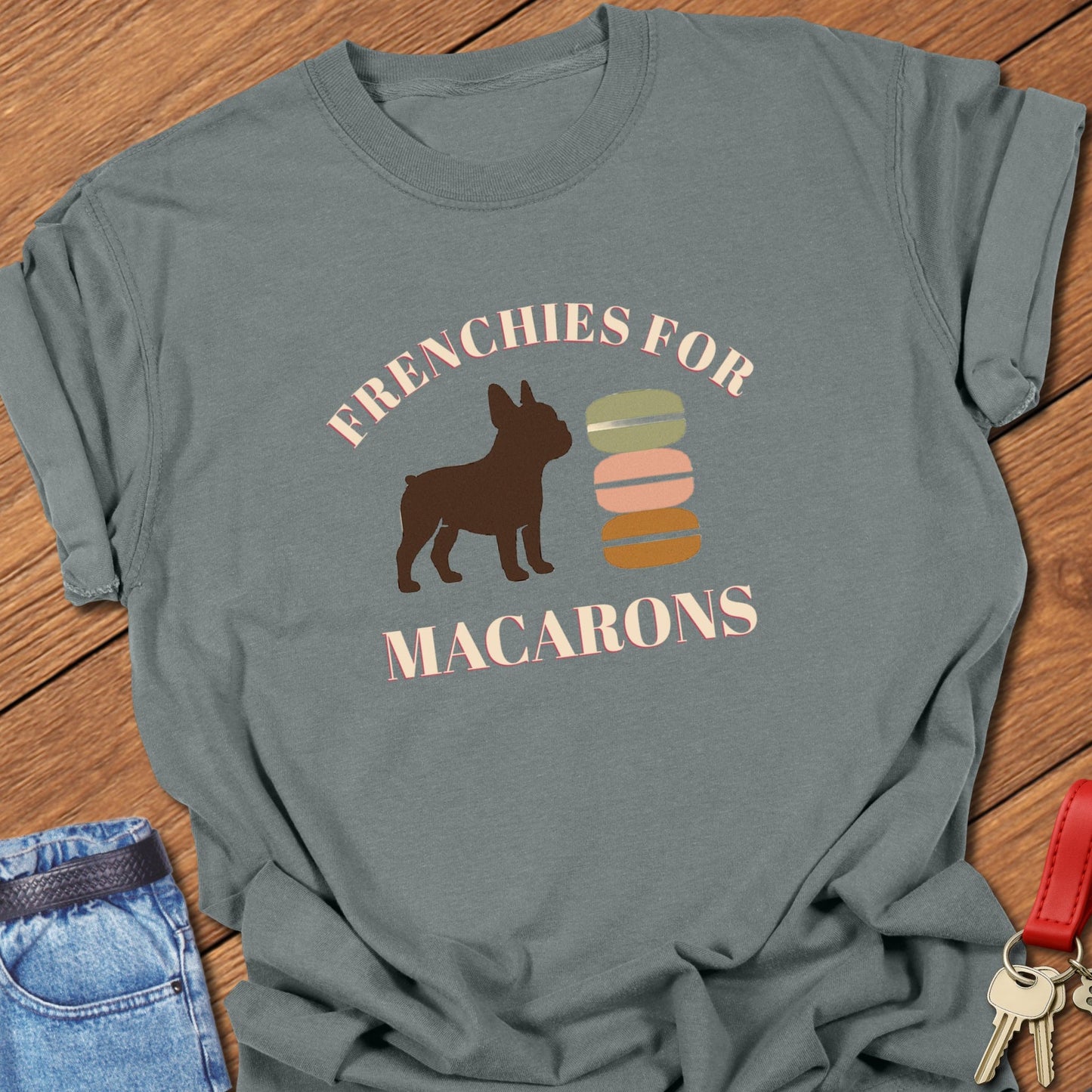 French bulldog French dessert illustration with colorful macaron stack graphic and bold typography printed on espresso Comfort Colors t shirt