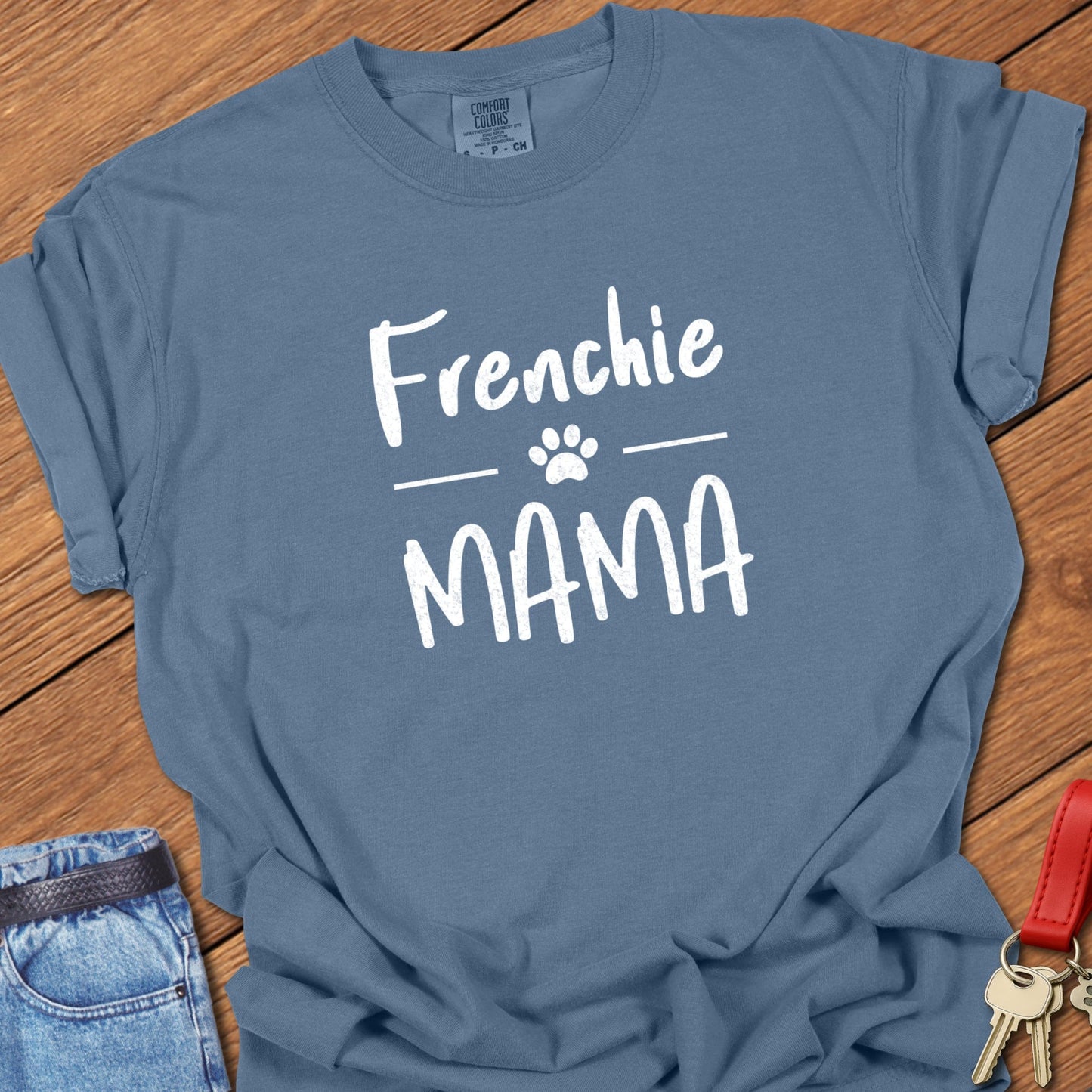 French bulldog mama typography printed on blue jean Comfort Colors t shirt