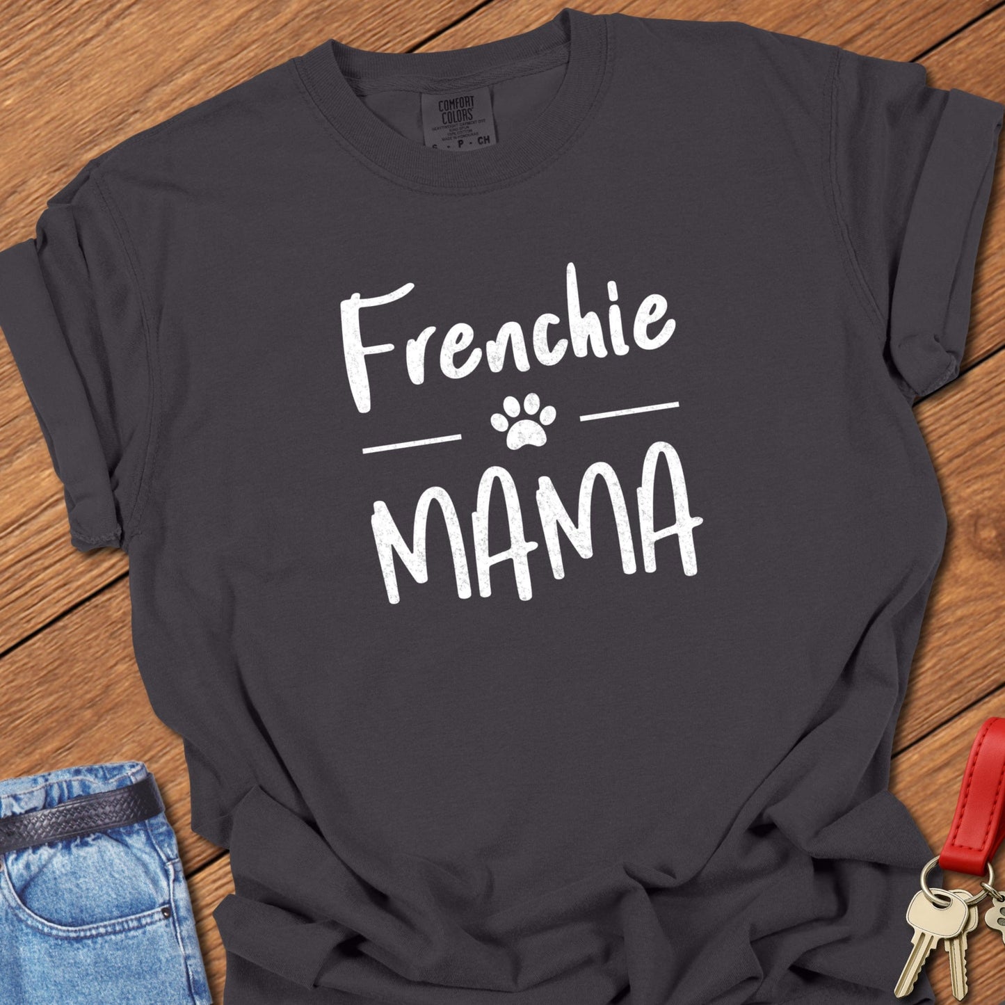 French bulldog mama typography printed on graphite Comfort Colors t shirt