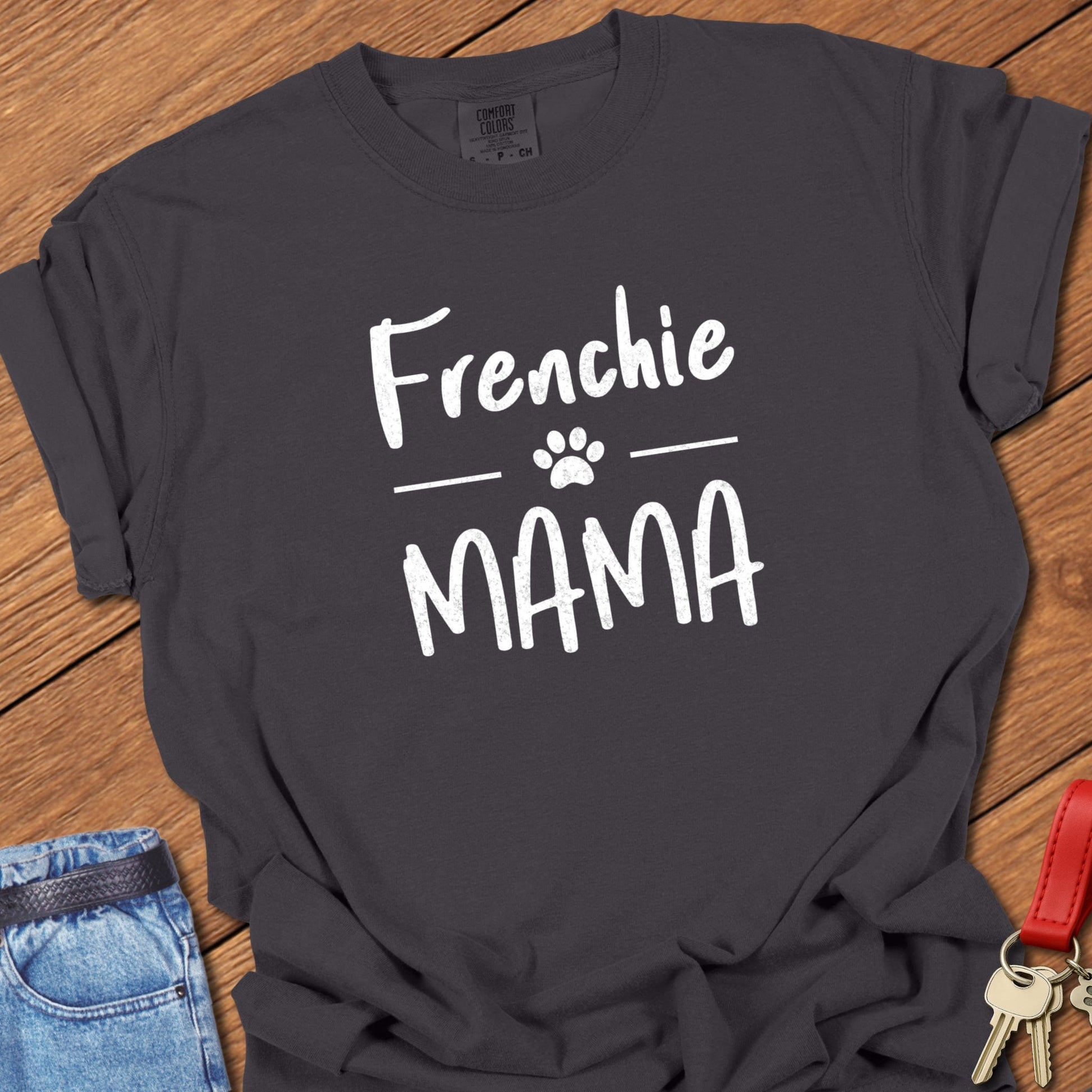 French bulldog mama typography printed on graphite Comfort Colors t shirt