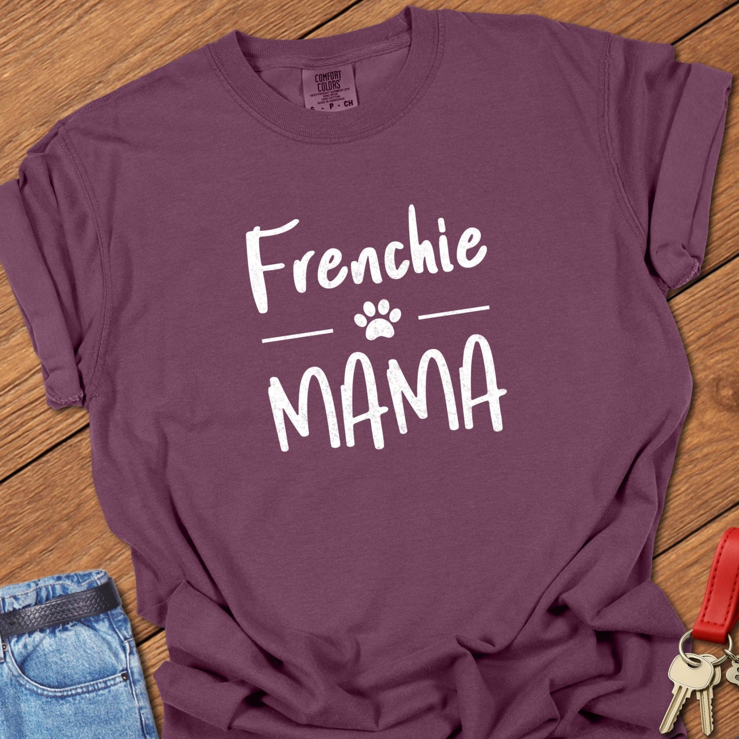 French bulldog mama typography printed on berry Comfort Colors t shirt