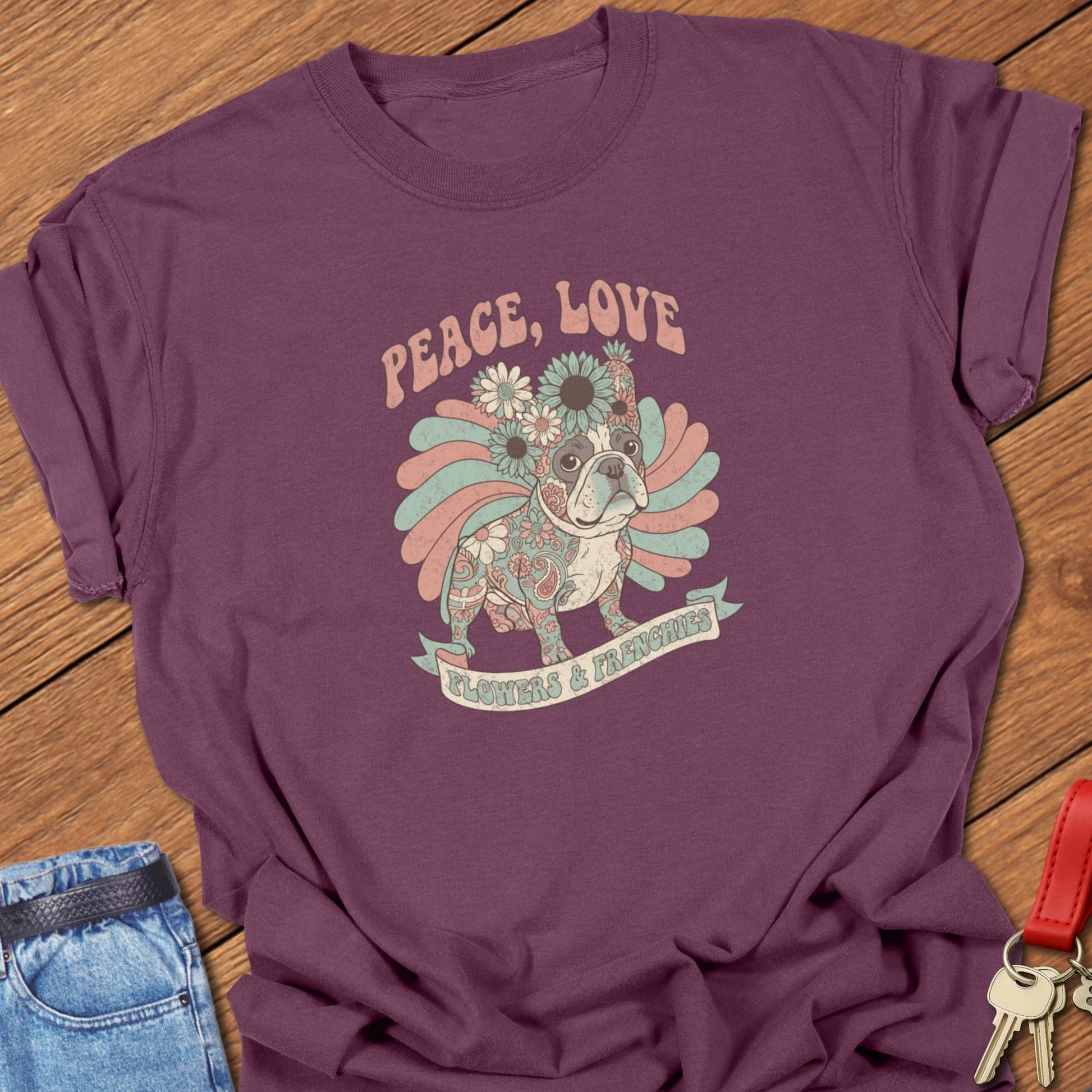 French bulldog peace, love, flowers and frenchies retro floral illustration printed on berry Comfort Colors t shirt