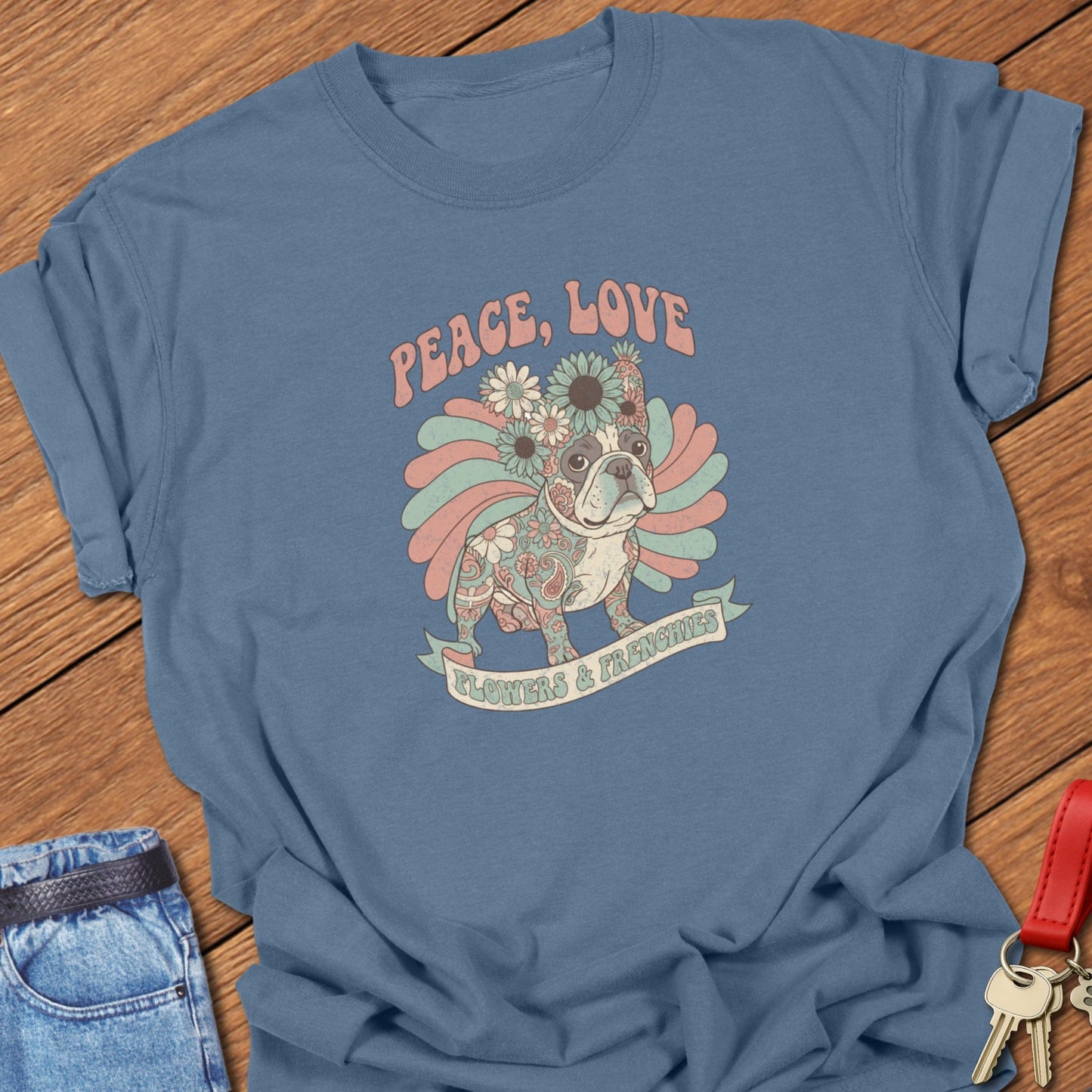French bulldog peace, love, flowers and frenchies retro floral illustration printed on pepper Comfort Colors t shirt