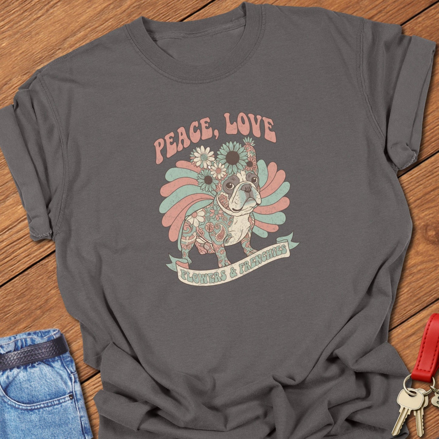 French bulldog peace, love, flowers and frenchies retro floral illustration printed on blue jean Comfort Colors t shirt
