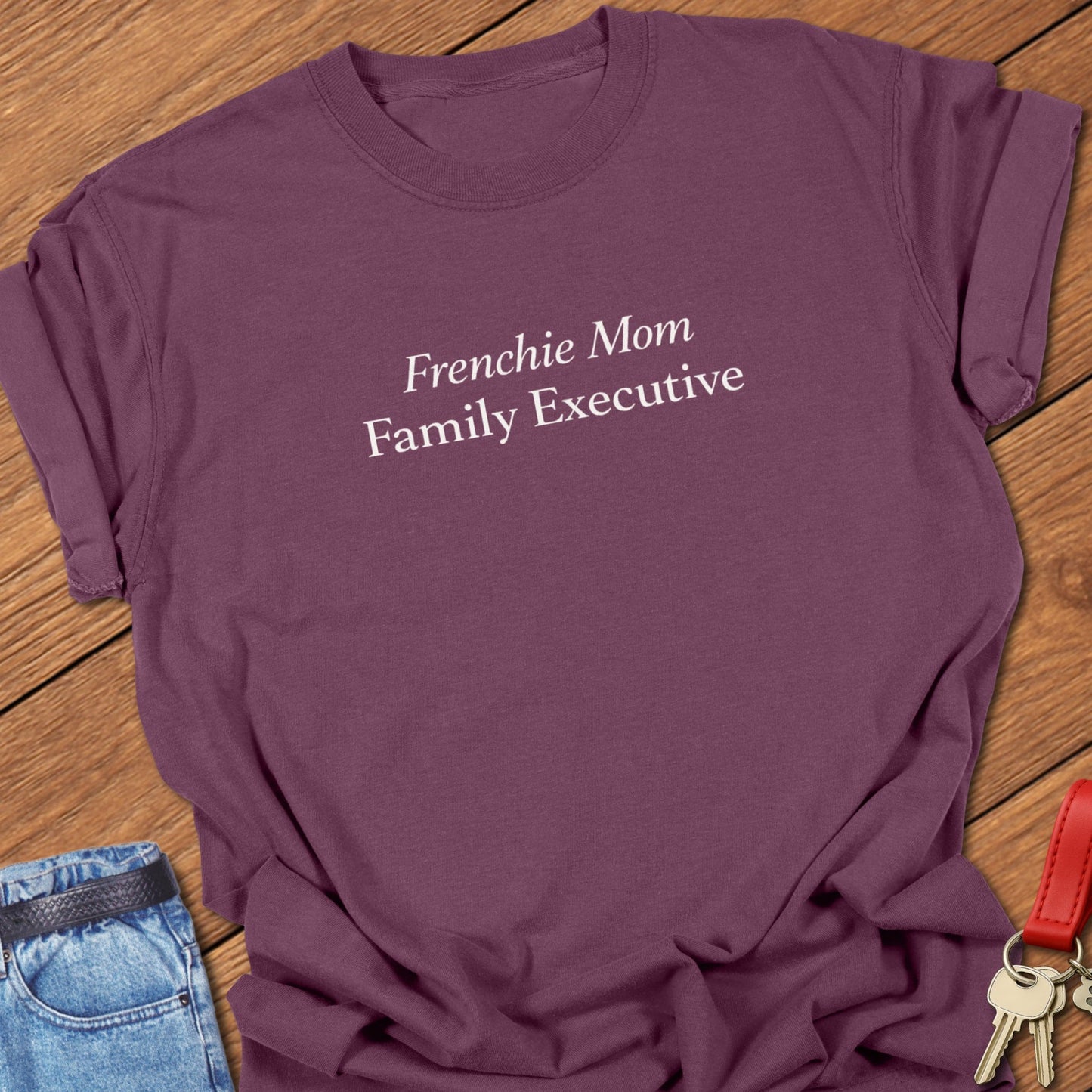 Frenchie Mom Family Executive French Bulldog dog mom shirt on Comfort Colors t shirt in Berry.
