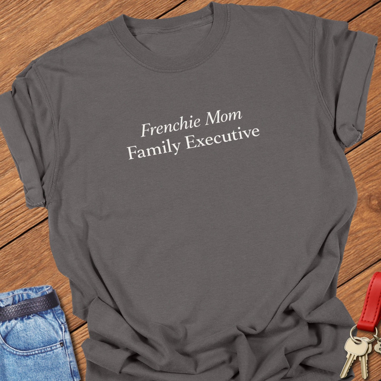 Frenchie Mom Family Executive French Bulldog dog mom shirt on Comfort Colors Pepper t shirt.