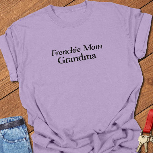 Frenchie Mom Grandma Comfort Colors t-shirt featuring minimalist serif typography in black ink on a orchid garment-dyed cotton shirt.
