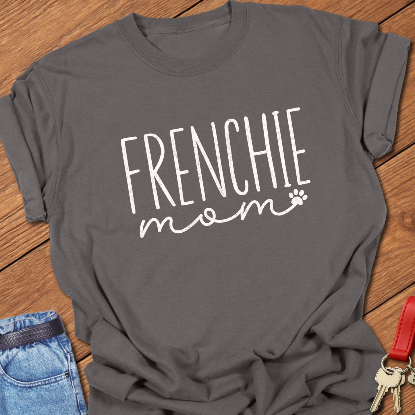 French bulldog mom script typography with paw print accent printed on pepper Comfort Colors t shirt