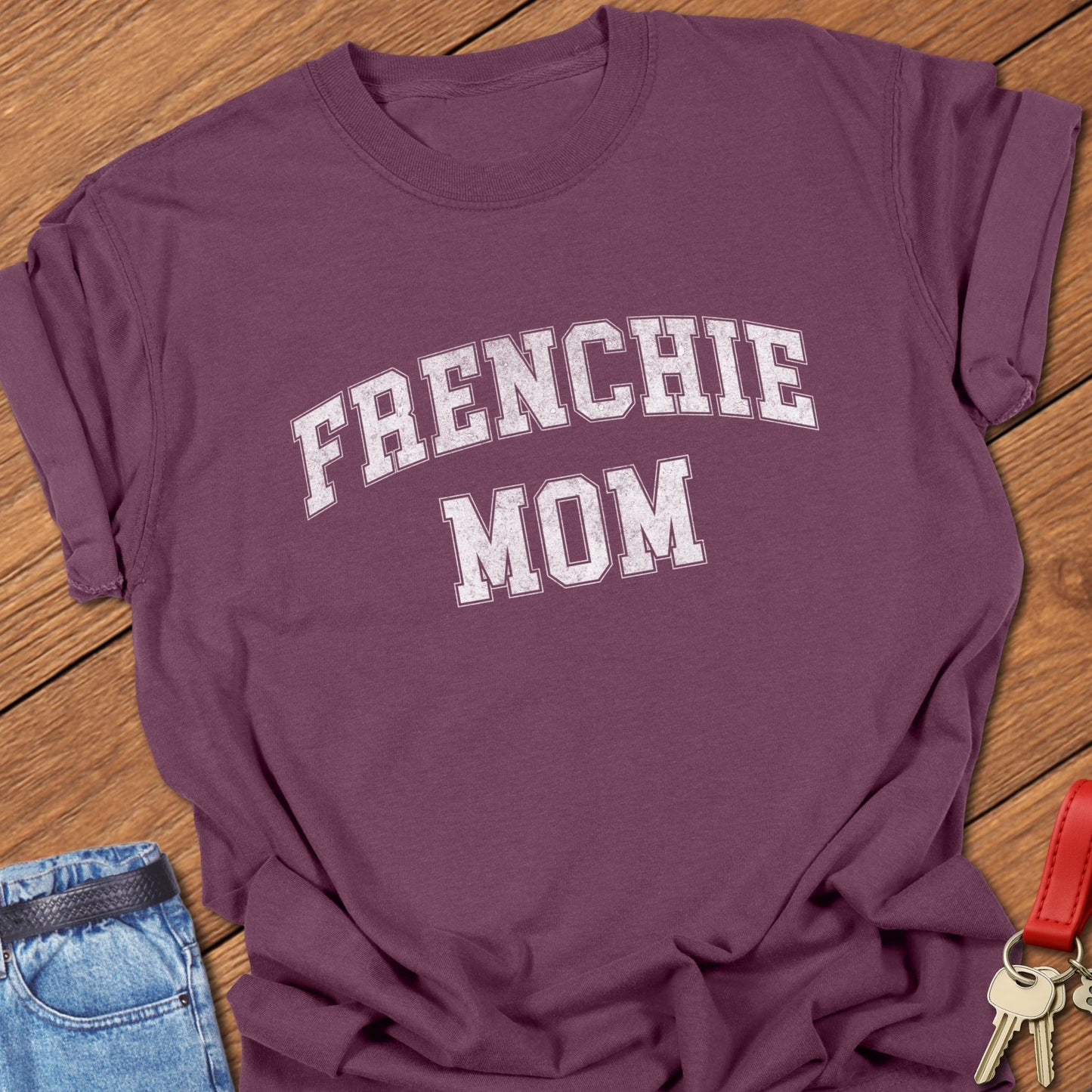 French bulldog mom varsity-style distressed typography printed on berry Comfort Colors t shirt