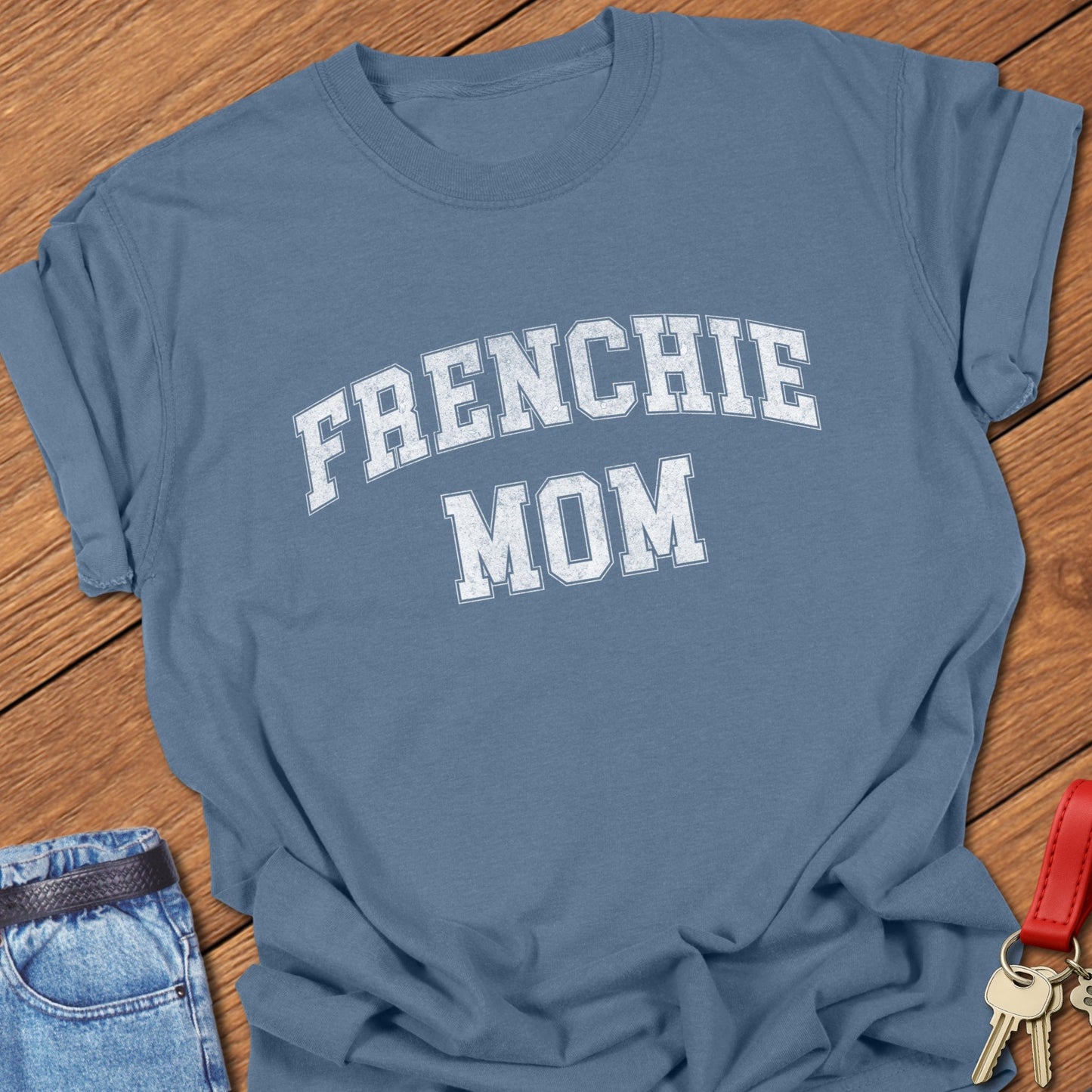 French bulldog mom varsity-style distressed typography printed on blue jean Comfort Colors t shirt