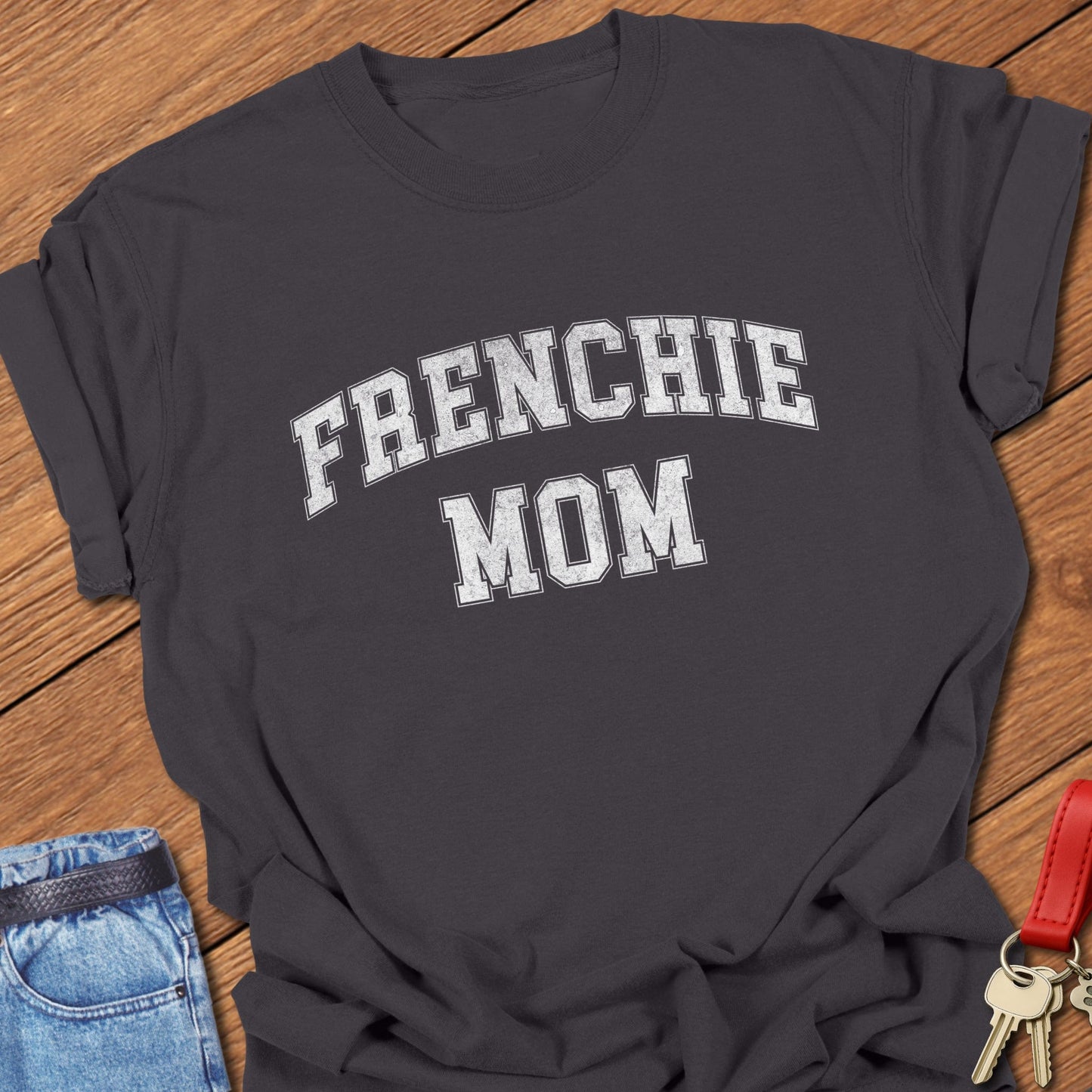 French bulldog mom varsity-style distressed typography printed on graphite Comfort Colors t shirt