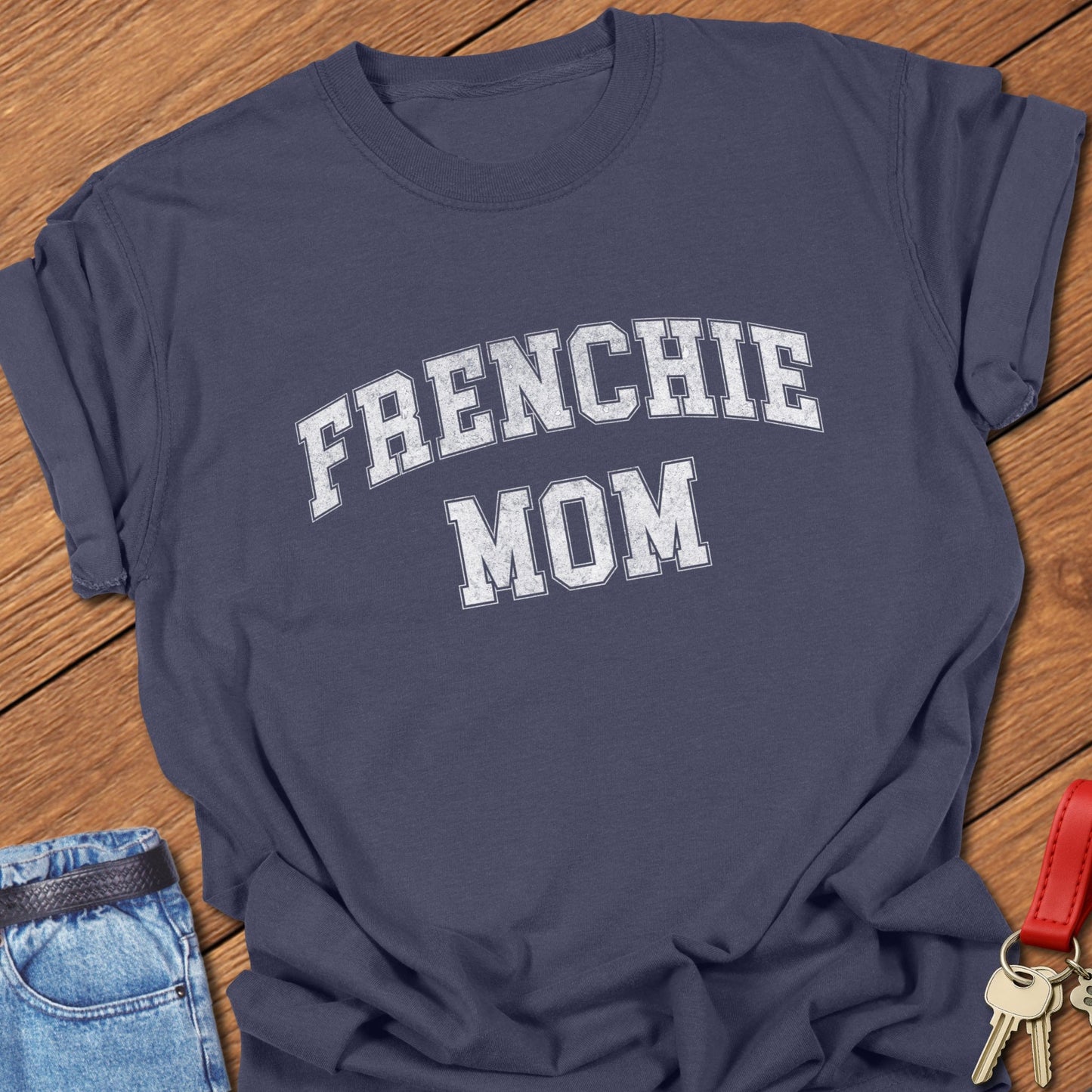 French bulldog mom varsity-style distressed typography printed on navy Comfort Colors t shirt