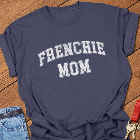French bulldog mom varsity-style distressed typography printed on navy Comfort Colors t shirt
