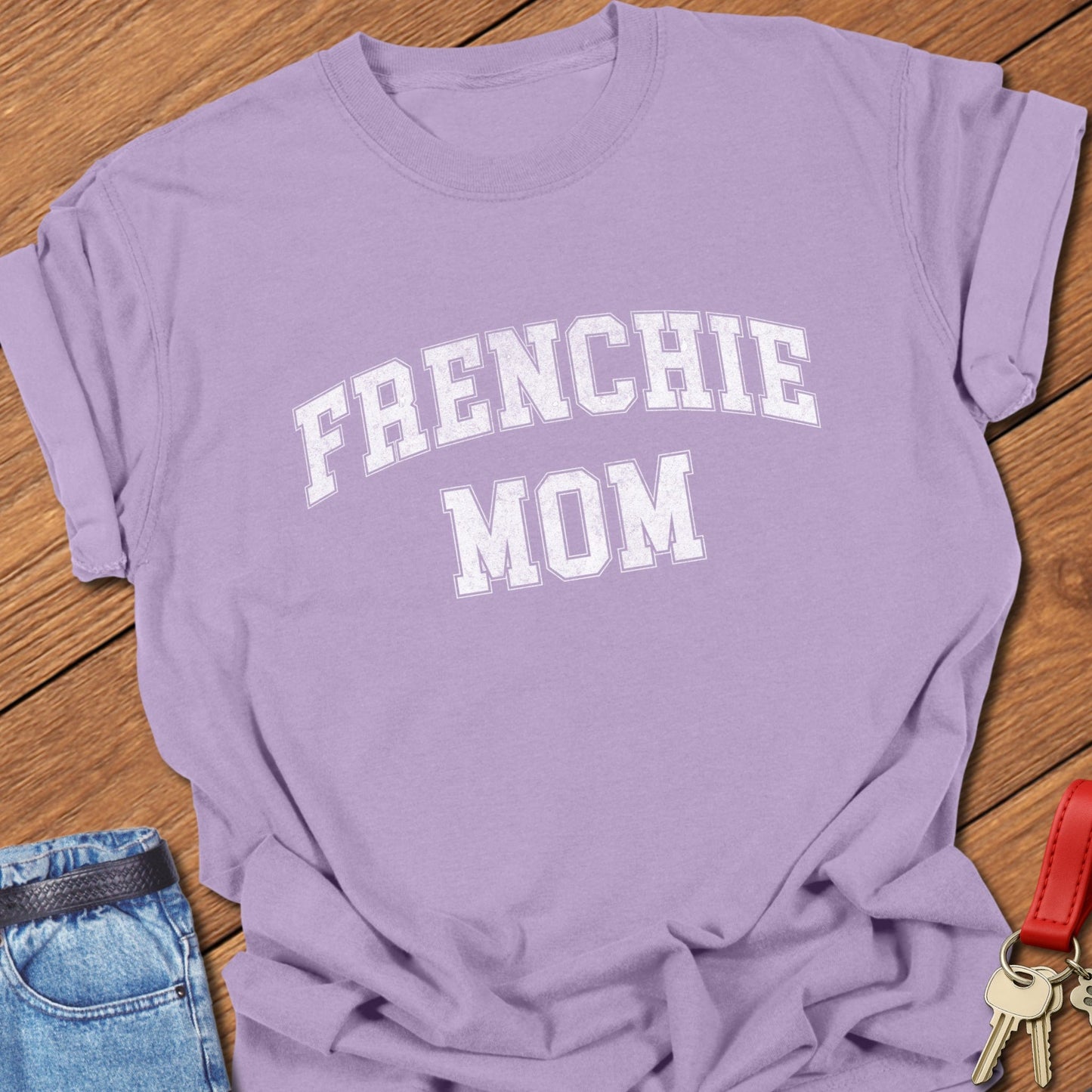 French bulldog mom varsity-style distressed typography printed on orchid Comfort Colors t shirt