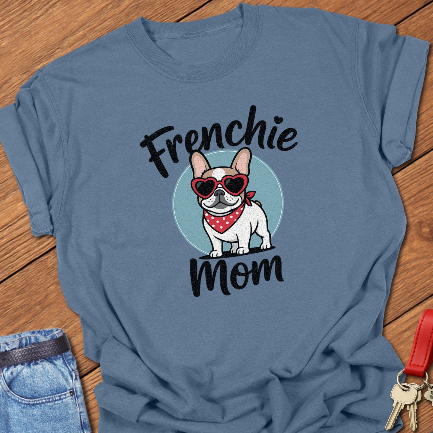 French bulldog stylish mom graphic with heart sunglasses printed on blue jean Comfort Colors t shirt