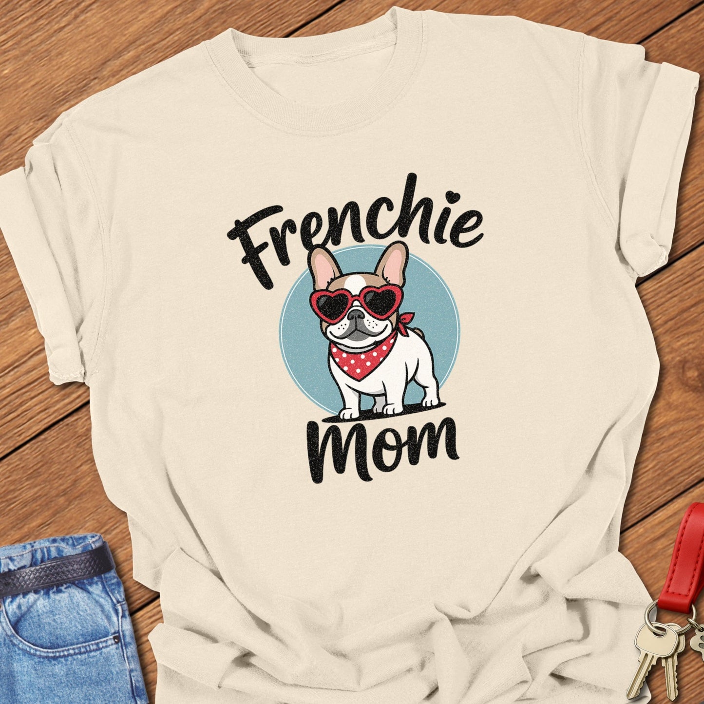 French bulldog cute mom artwork with heart sunglasses printed on ivory Comfort Colors t shirt