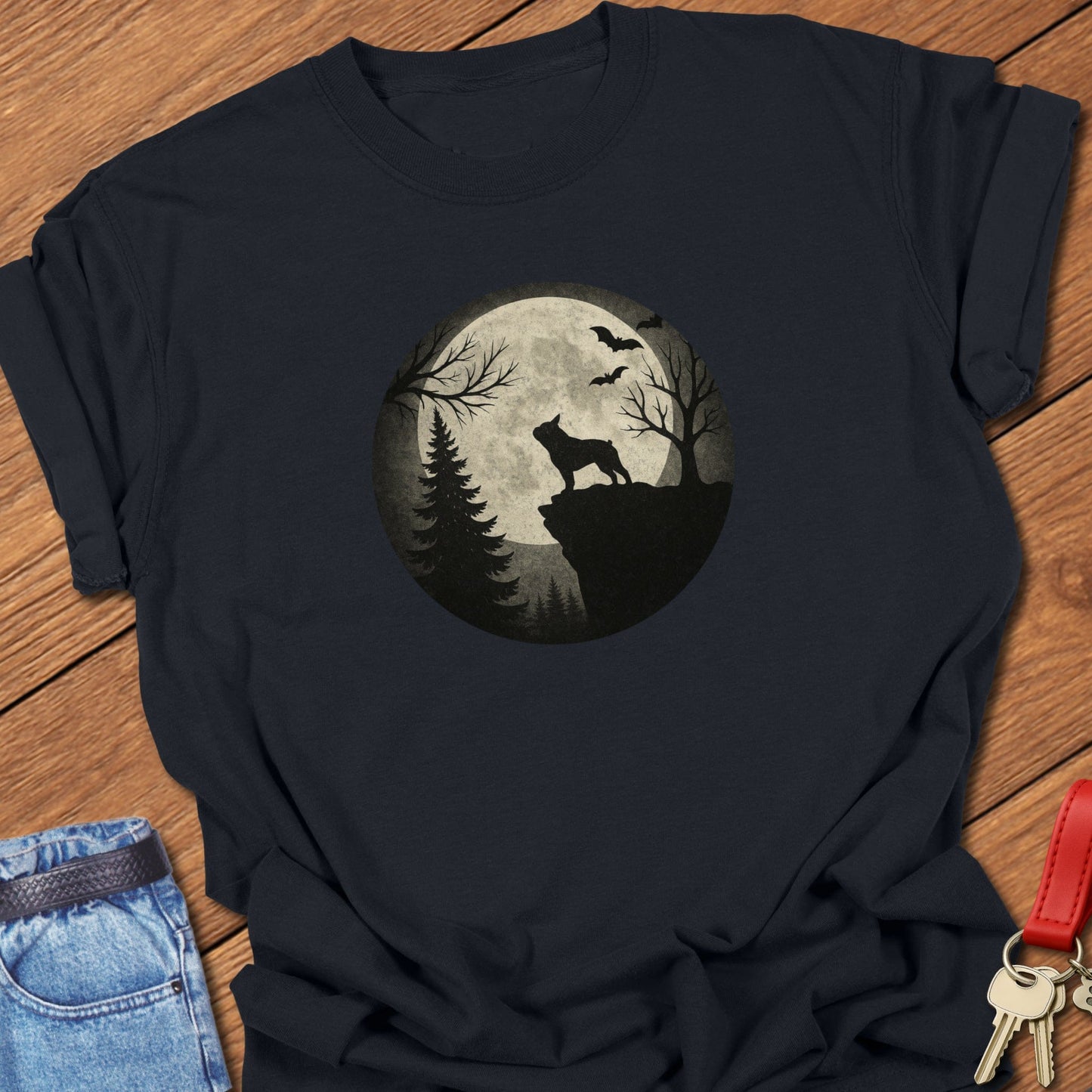French bulldog moonlit forest silhouette design printed on black Comfort Colors t shirt