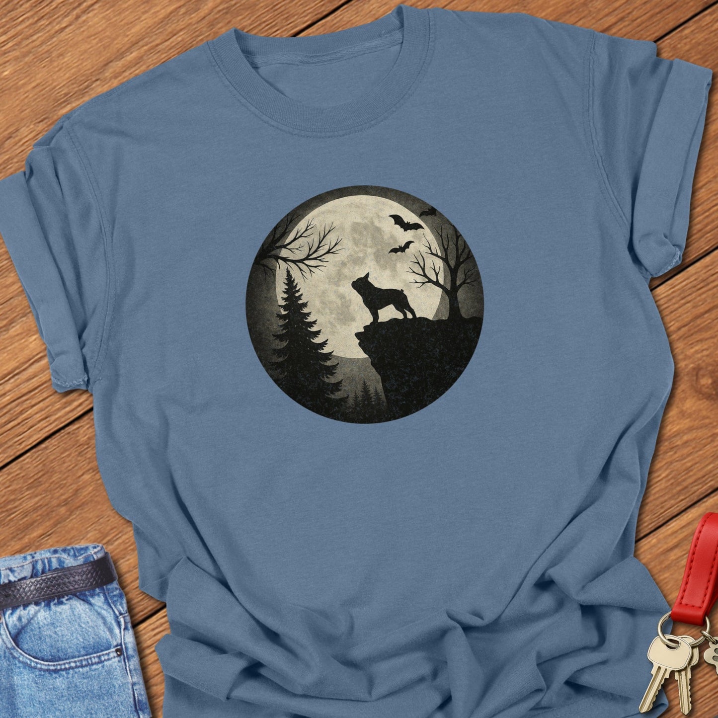 French bulldog moonlit forest silhouette design printed on blue jean Comfort Colors t shirt