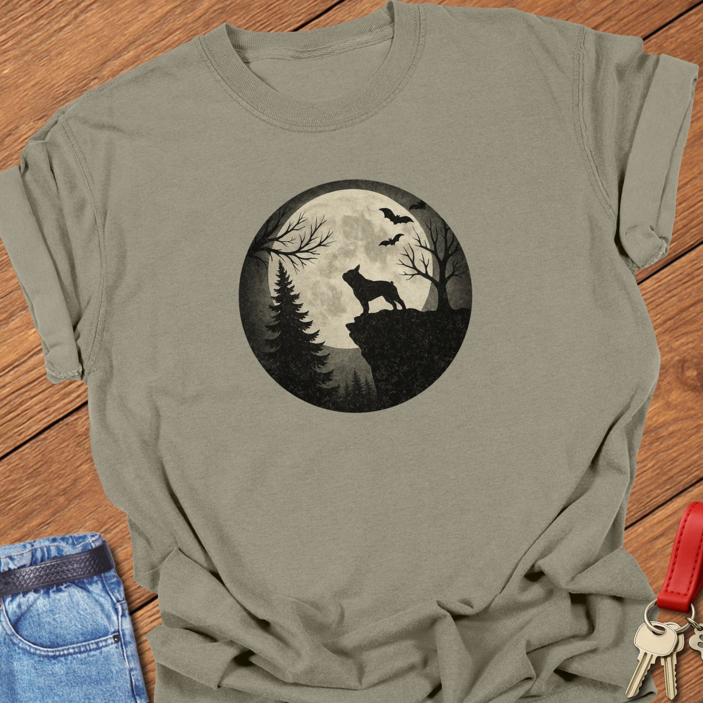 French bulldog moonlit forest silhouette design printed on khaki Comfort Colors t shirt