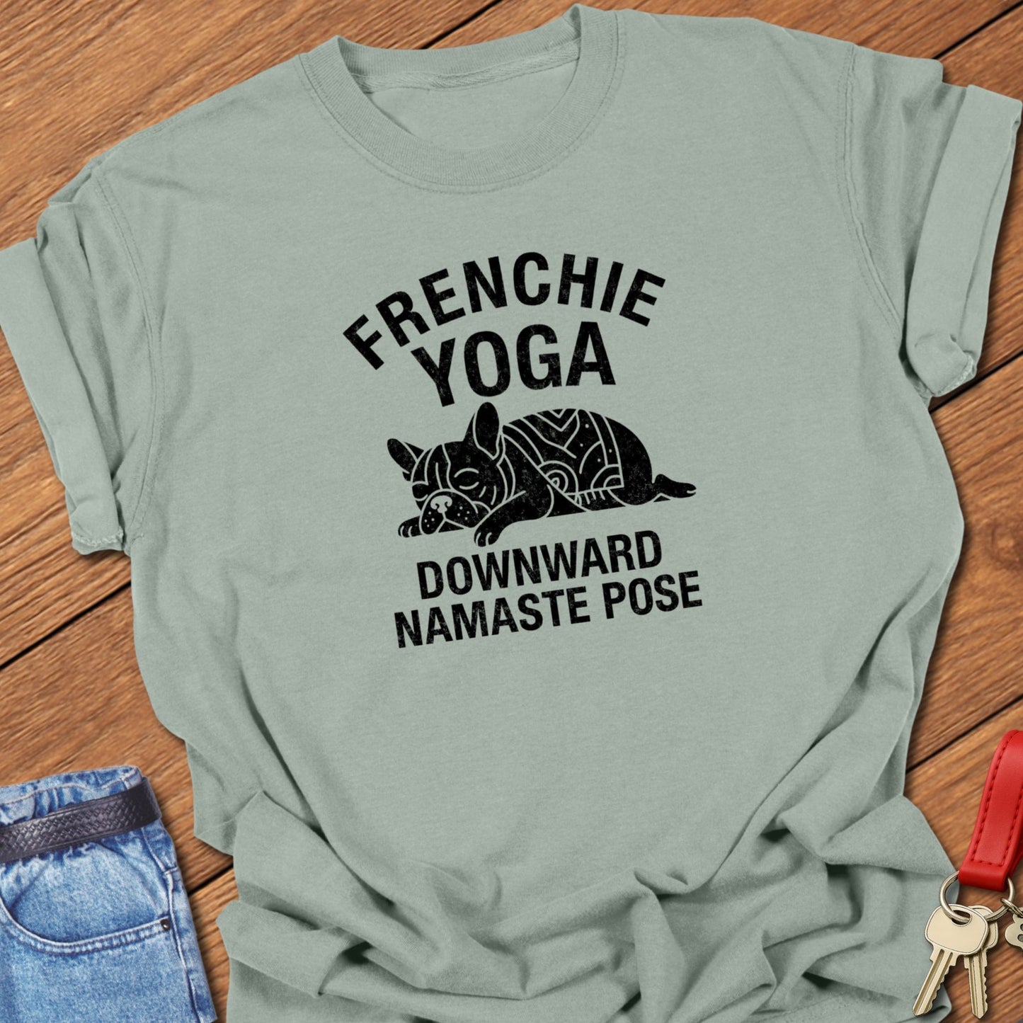 French bulldog yoga downward namaste pose graphic printed on bay Comfort Colors t shirt