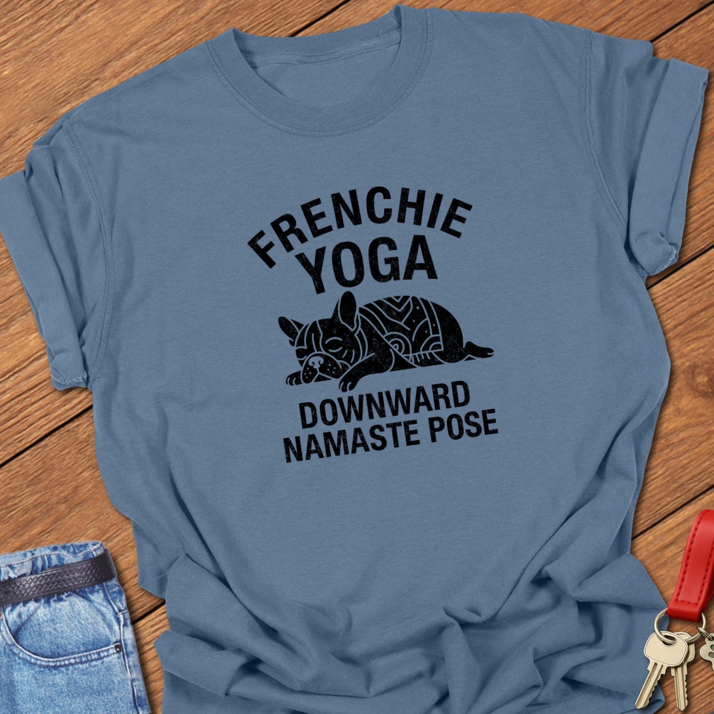 French bulldog yoga downward namaste pose graphic printed on blue jean Comfort Colors t shirt