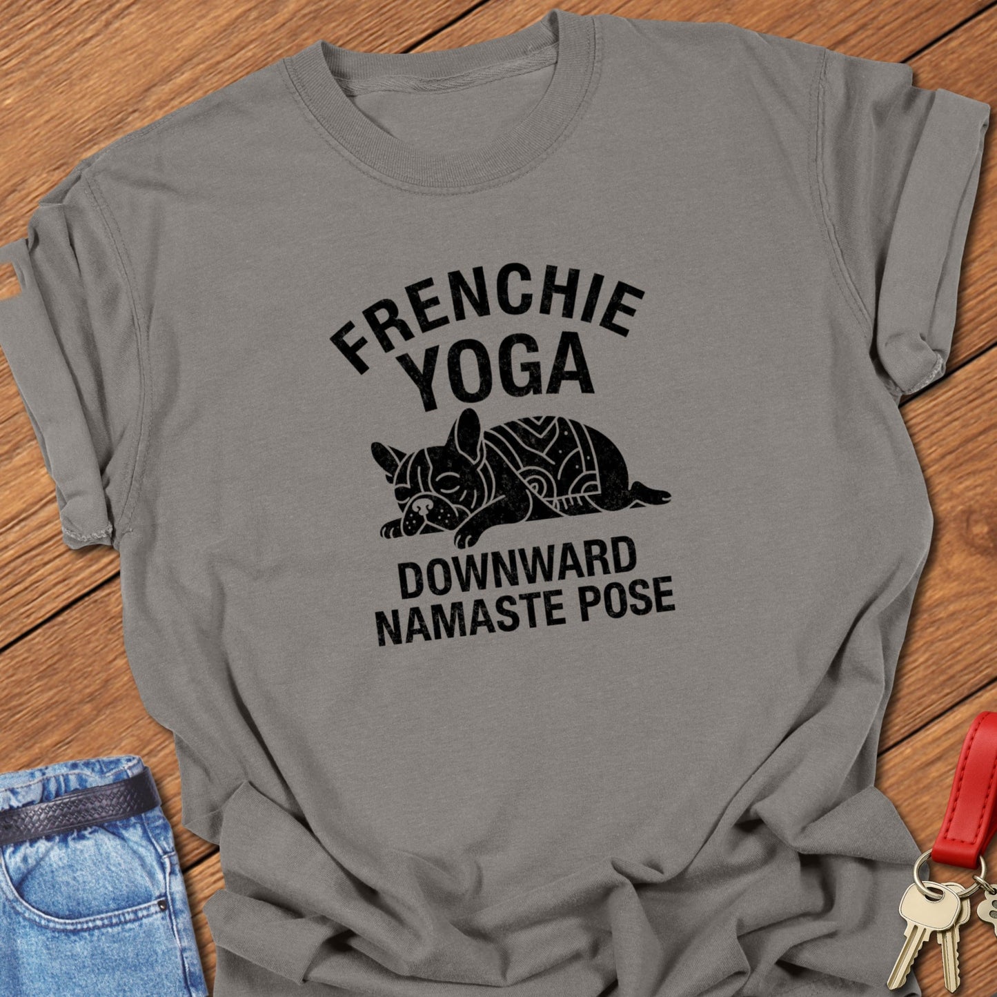 French bulldog yoga downward namaste pose graphic printed on grey Comfort Colors t shirt