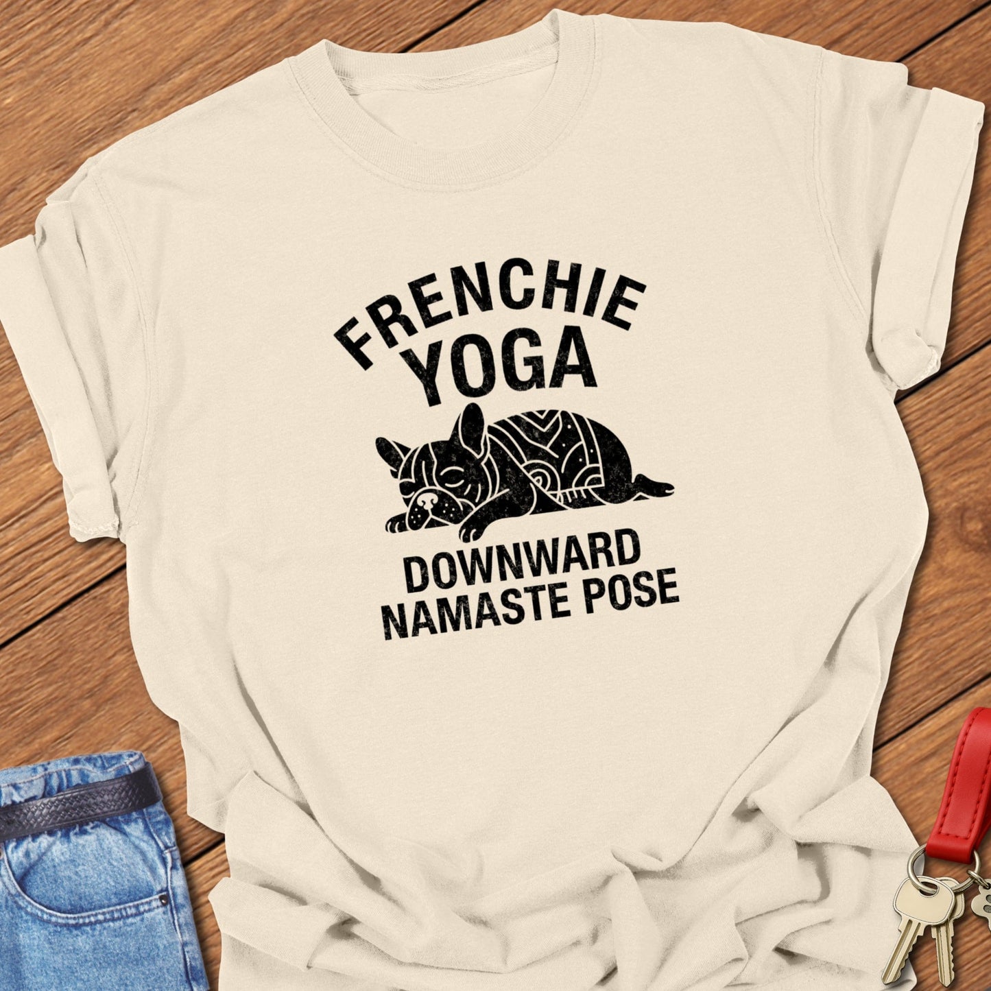 French bulldog yoga downward namaste pose graphic printed on ivory Comfort Colors t shirt