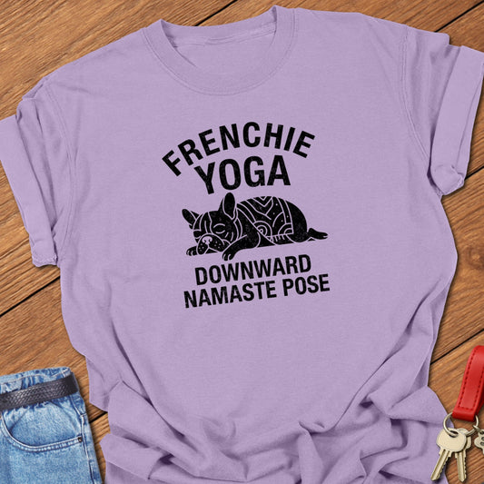 French bulldog yoga downward namaste pose graphic printed on orchid Comfort Colors t shirt