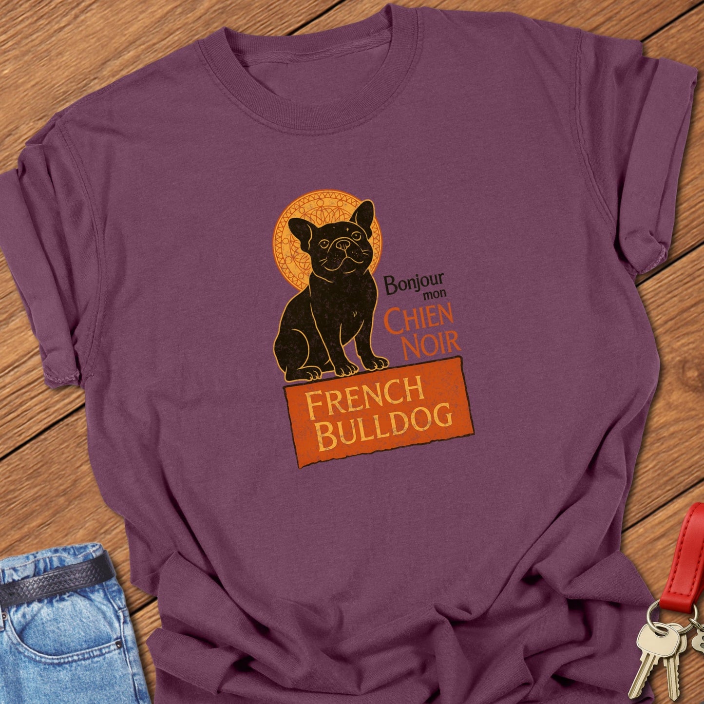 French bulldog vintage French typography illustration with black Frenchie graphic and Bonjour mon chien noir text printed on berry Comfort Colors t shirt