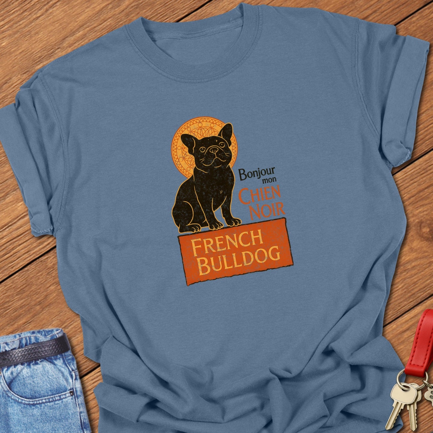 French bulldog vintage French typography illustration with black Frenchie graphic and Bonjour mon chien noir text printed on blue jean Comfort Colors t shirt
