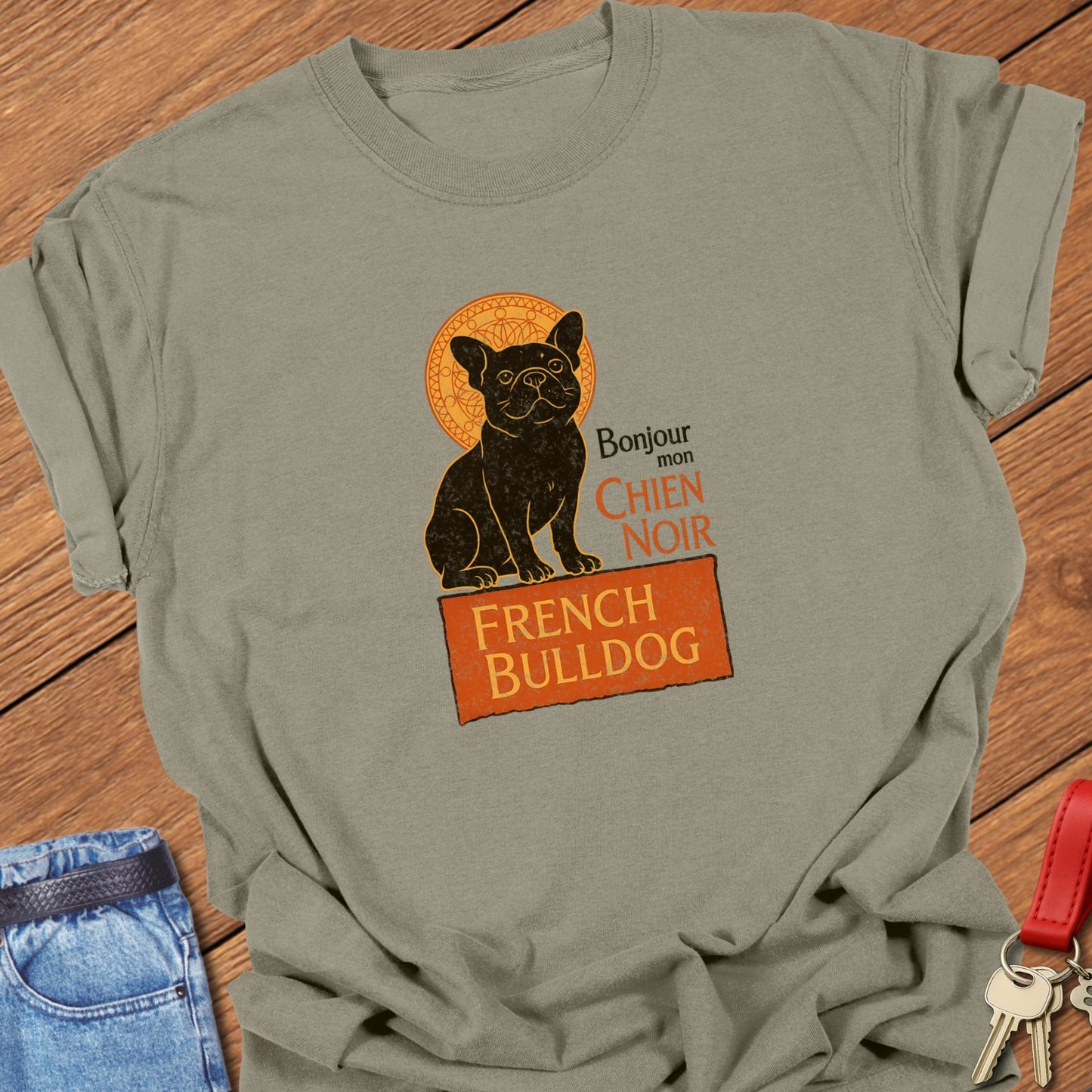 French bulldog vintage French typography illustration with black Frenchie graphic and Bonjour mon chien noir text printed on khaki Comfort Colors t shirt