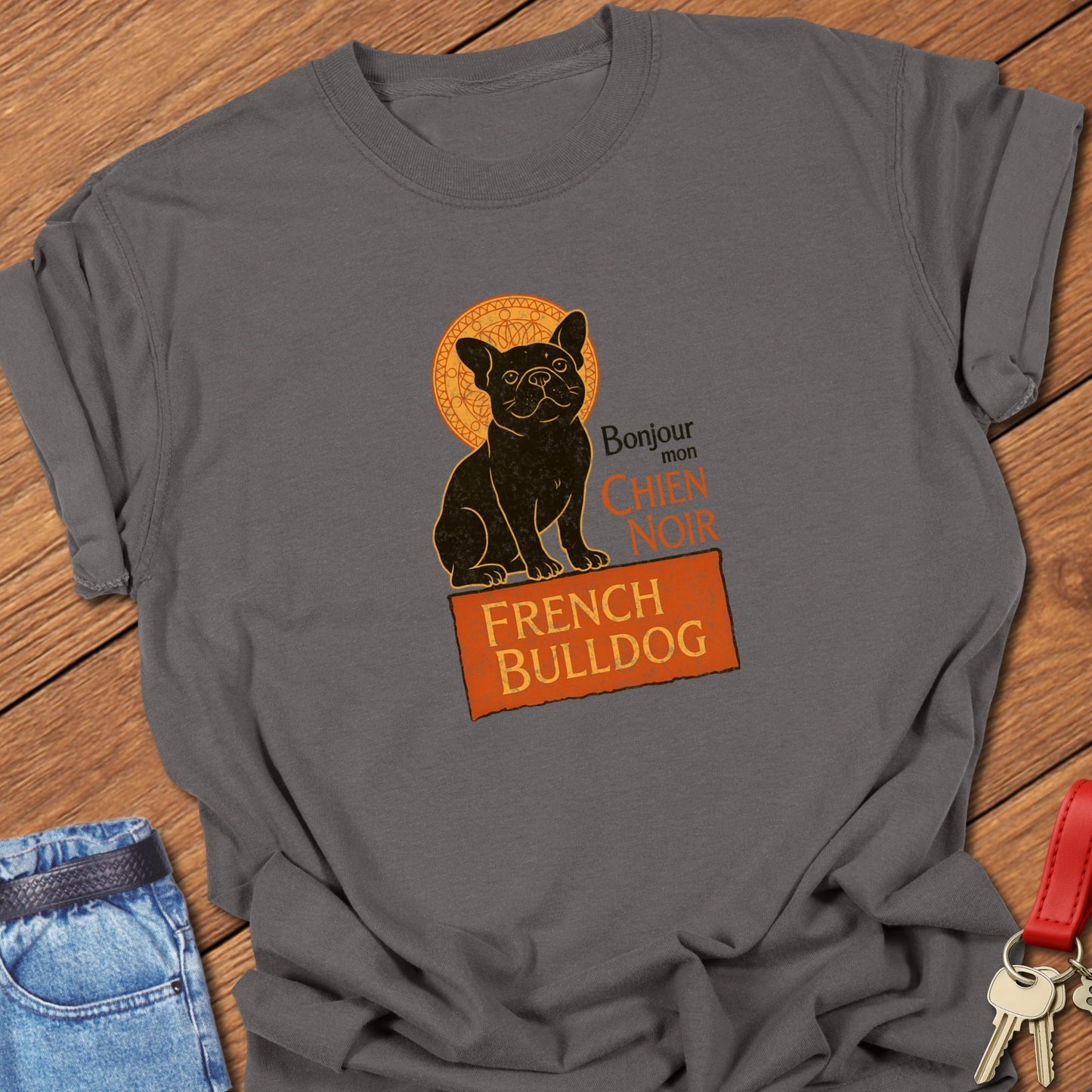 French bulldog vintage French typography illustration with black Frenchie graphic and Bonjour mon chien noir text printed on pepper Comfort Colors t shirt