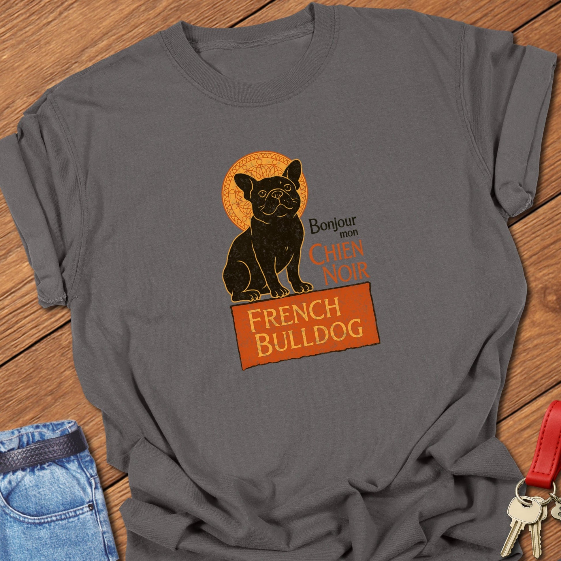 French bulldog vintage French typography illustration with black Frenchie graphic and Bonjour mon chien noir text printed on pepper Comfort Colors t shirt