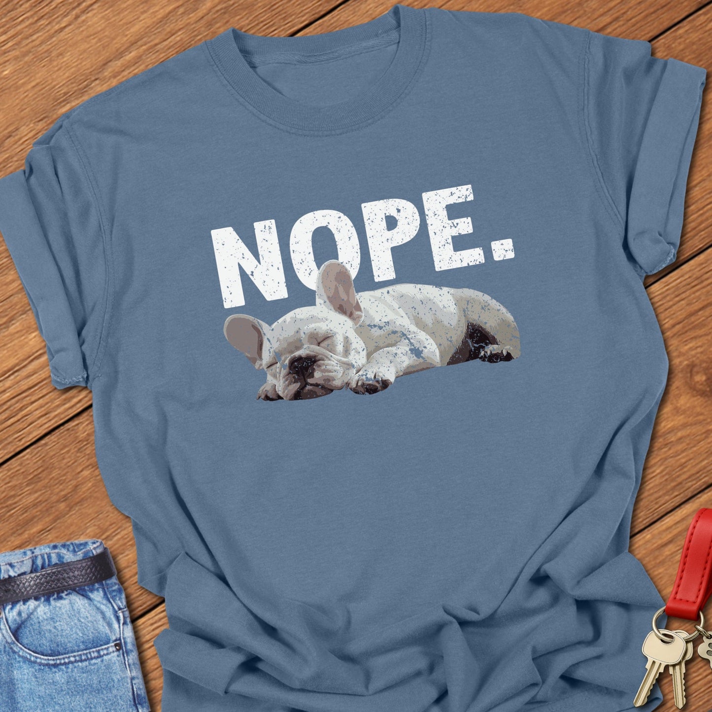 French bulldog sleeping nope illustration printed on blue jean Comfort Colors t shirt