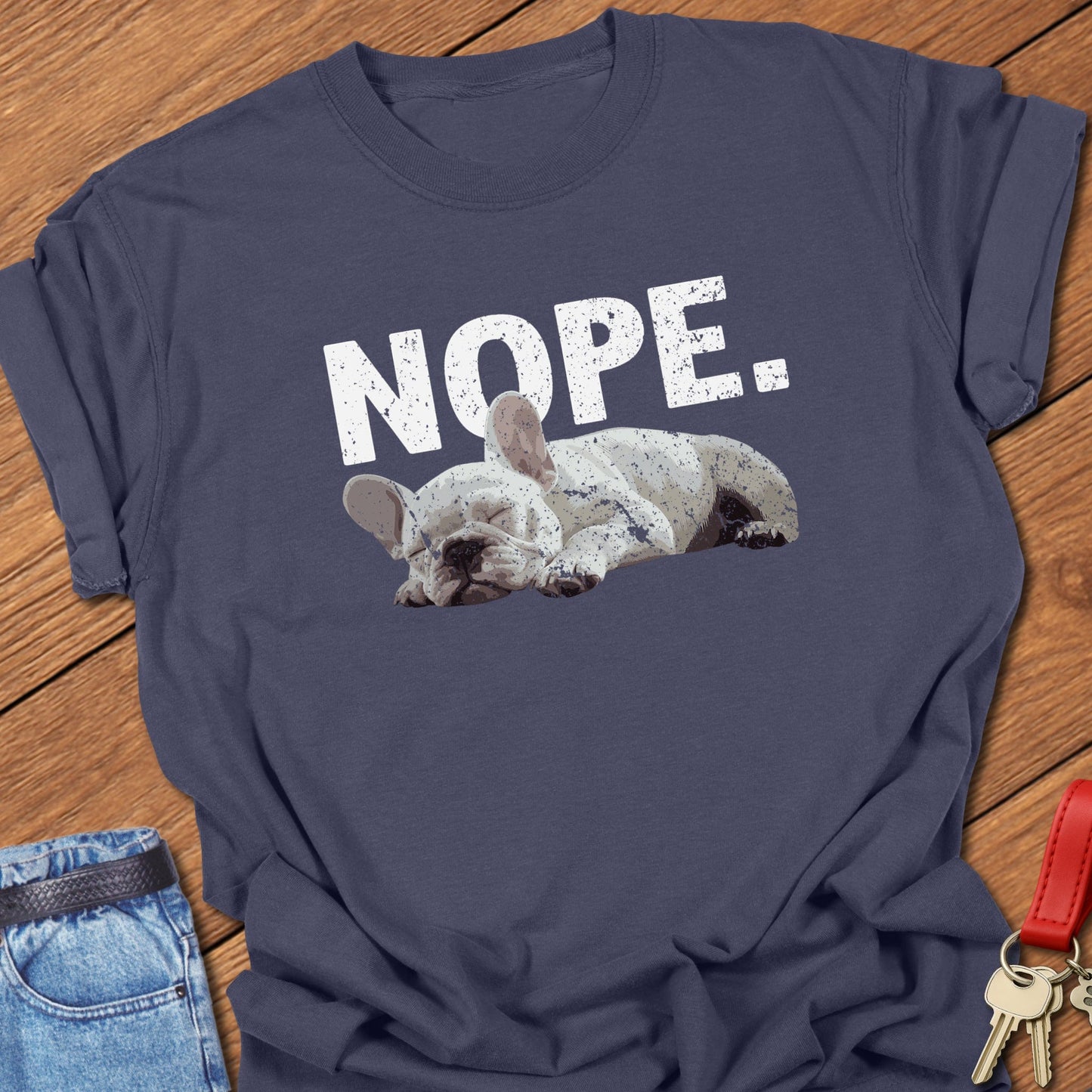 French bulldog sleeping nope illustration printed on navy Comfort Colors t shirt