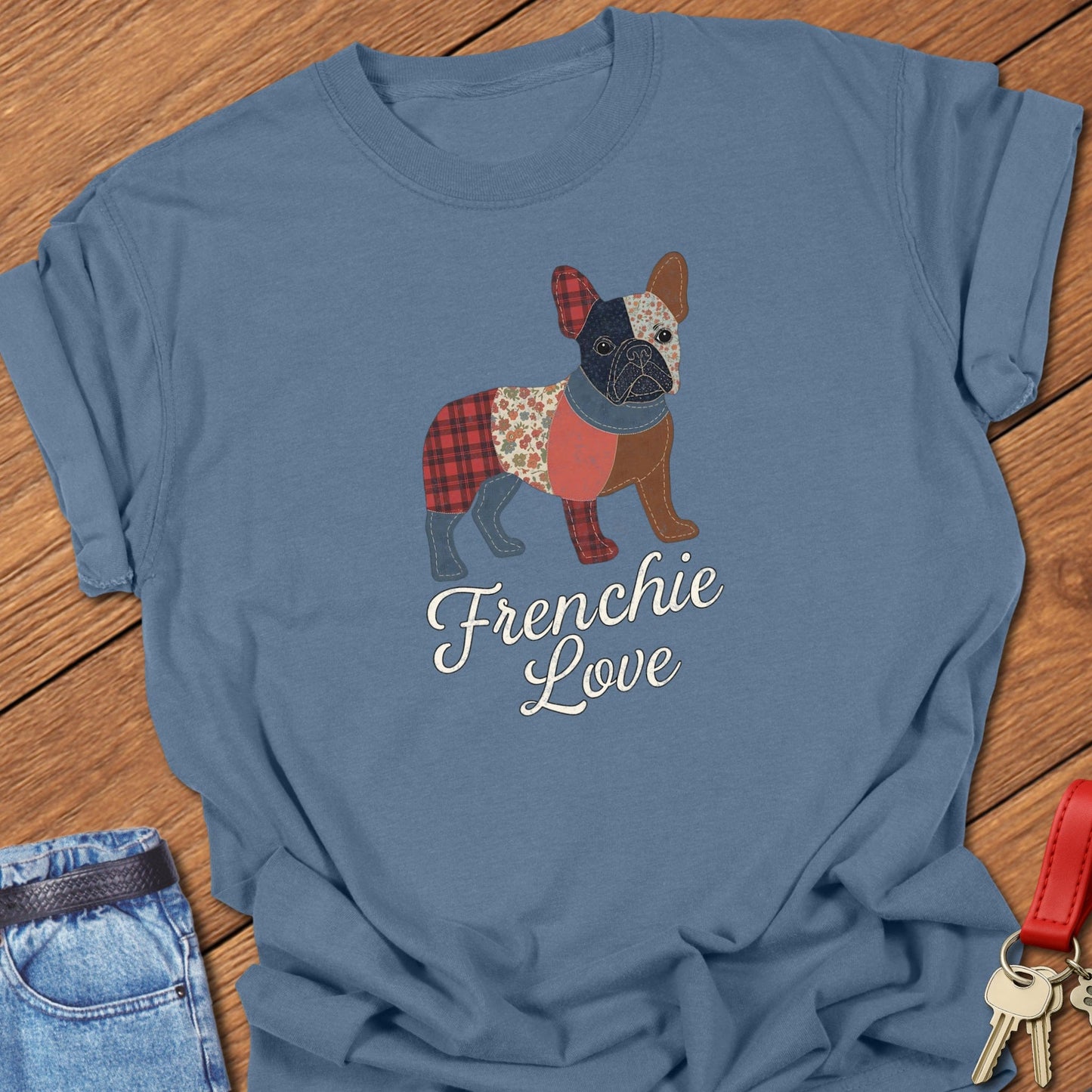 French bulldog patchwork quilt style illustration with “Frenchie Love” text printed on blue jean Comfort Colors t shirt