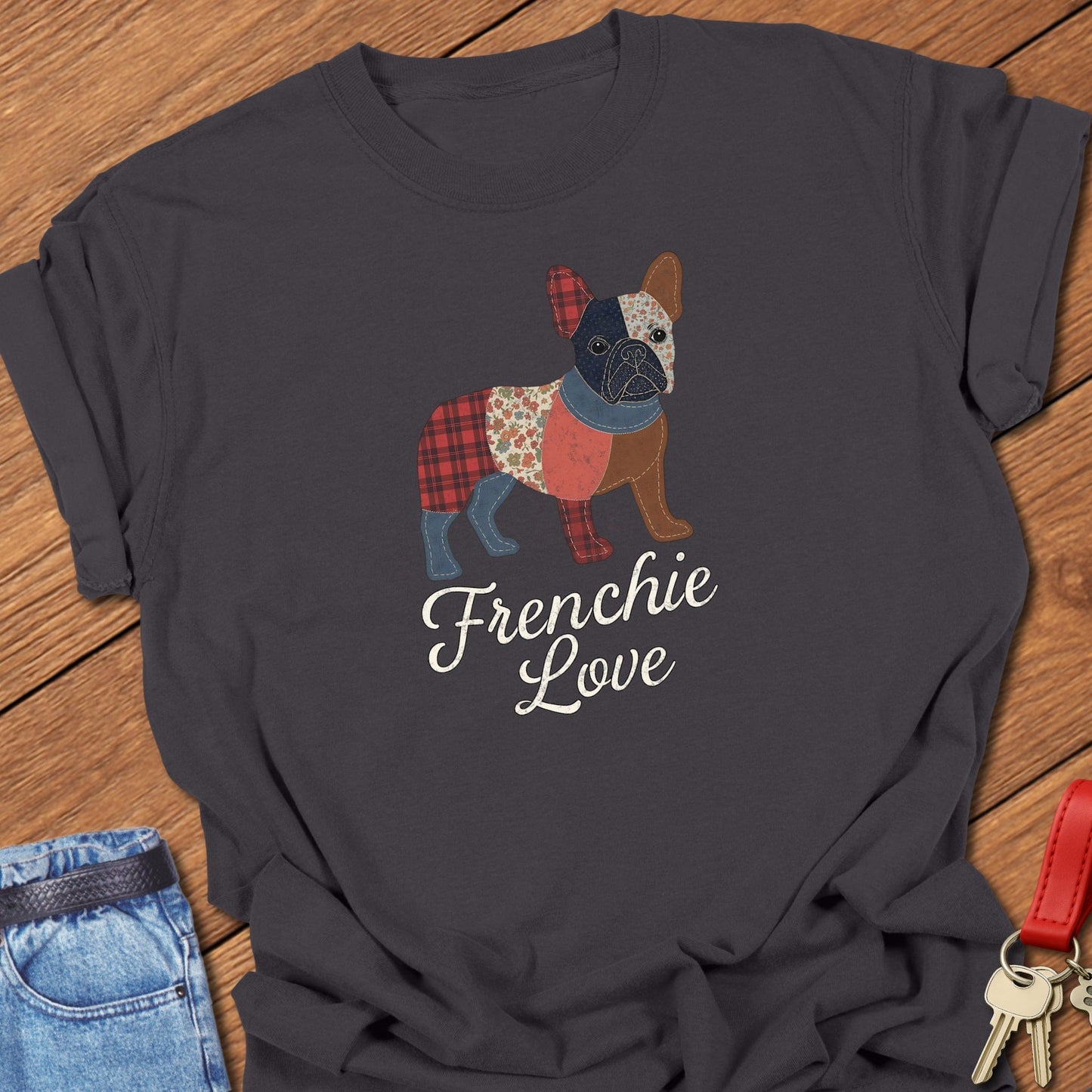 French bulldog patchwork quilt style illustration with “Frenchie Love” text printed on berry Comfort Colors t shirt