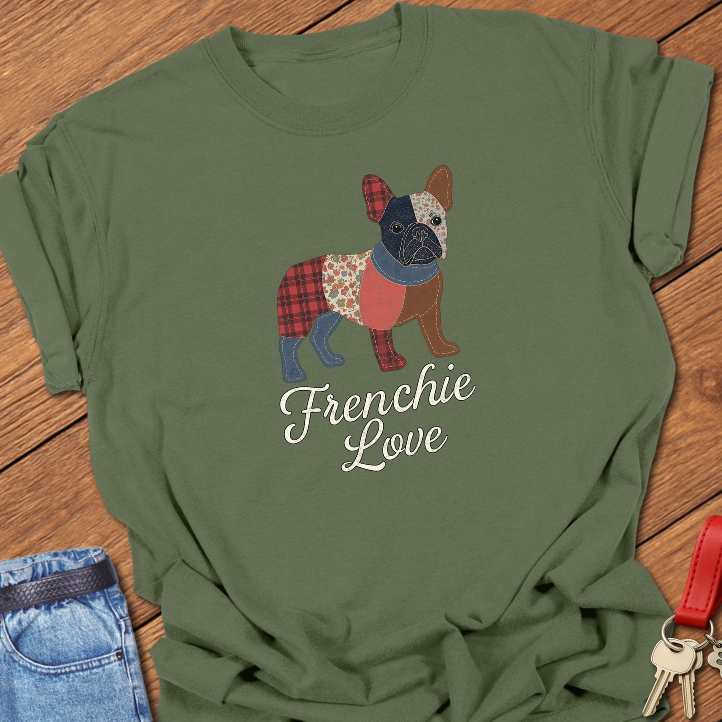 French bulldog patchwork quilt style illustration with “Frenchie Love” text printed on graphite Comfort Colors t shirt
